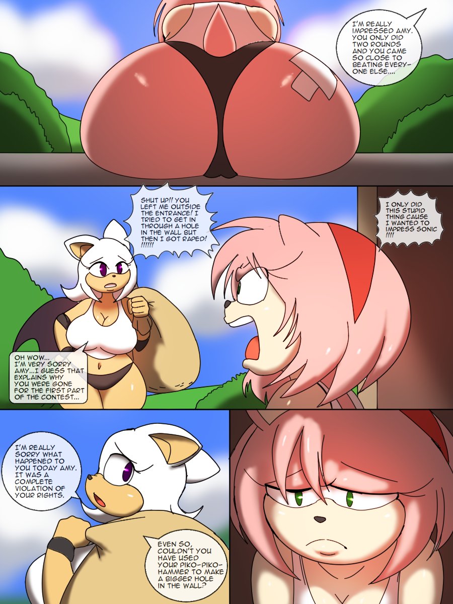 2girls amy_rose anthro ass bandaid bat big_ass big_breasts breasts chiropteran cleavage clothing comic dialogue green_eyes hedgehog huge_ass huge_breasts pink_hair pink_skin purple_eyes rouge_the_bat sega shirt shorts sitting sonic_(series) sonic_the_hedgehog_(series) text thick_thighs wide_hips zaviel