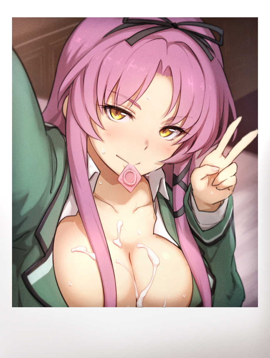 after_paizuri after_sex cleavage clothed_paizuri clothed_sex condom_in_mouth condom_wrapper cum_on_breasts eiyuu_densetsu kiikii_(kitsukedokoro) kuro_no_kiseki large_breasts paizuri purple_hair renne renne_bright ribbon selfie sex trails_of_(series)