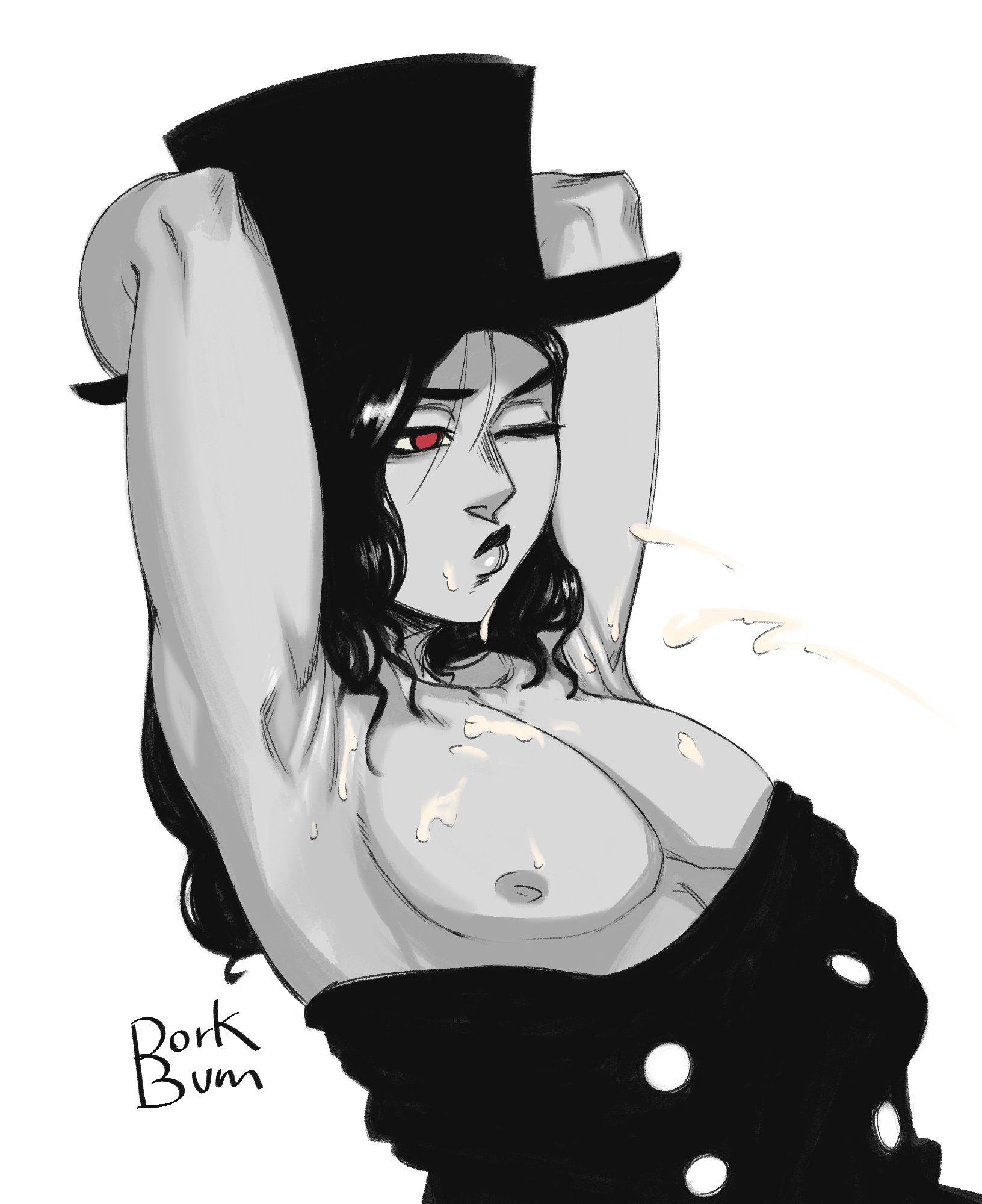 1boy, androgynous, armpits, arms around head, black hair, black lipstick, cum on chest, dorkbum, guilty gear, hands behind head, hat, male, one eye closed, one eye open, partially clothed, red eyes, testament (guilty gear)