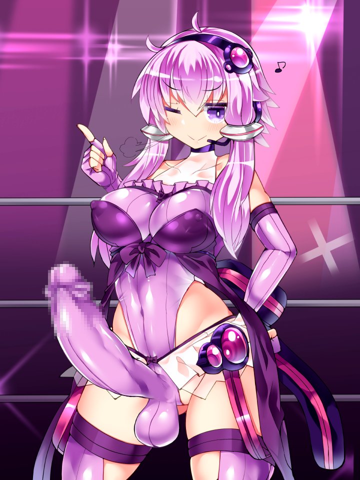 1futa armwear balls big_breasts breasts clothed clothing erection erection_under_clothes fingerless_gloves futa_only futanari headwear hisui_(stapspats) huge_cock large_penis leotard light-skinned_futanari light_skin long_hair mostly_clothed musical_note penis purple_eyes purple_hair ribbons solo spotlight standing stapspats thighhighs vocaloid voiceroid winking_at_viewer wrestling_ring yuzuki_yukari