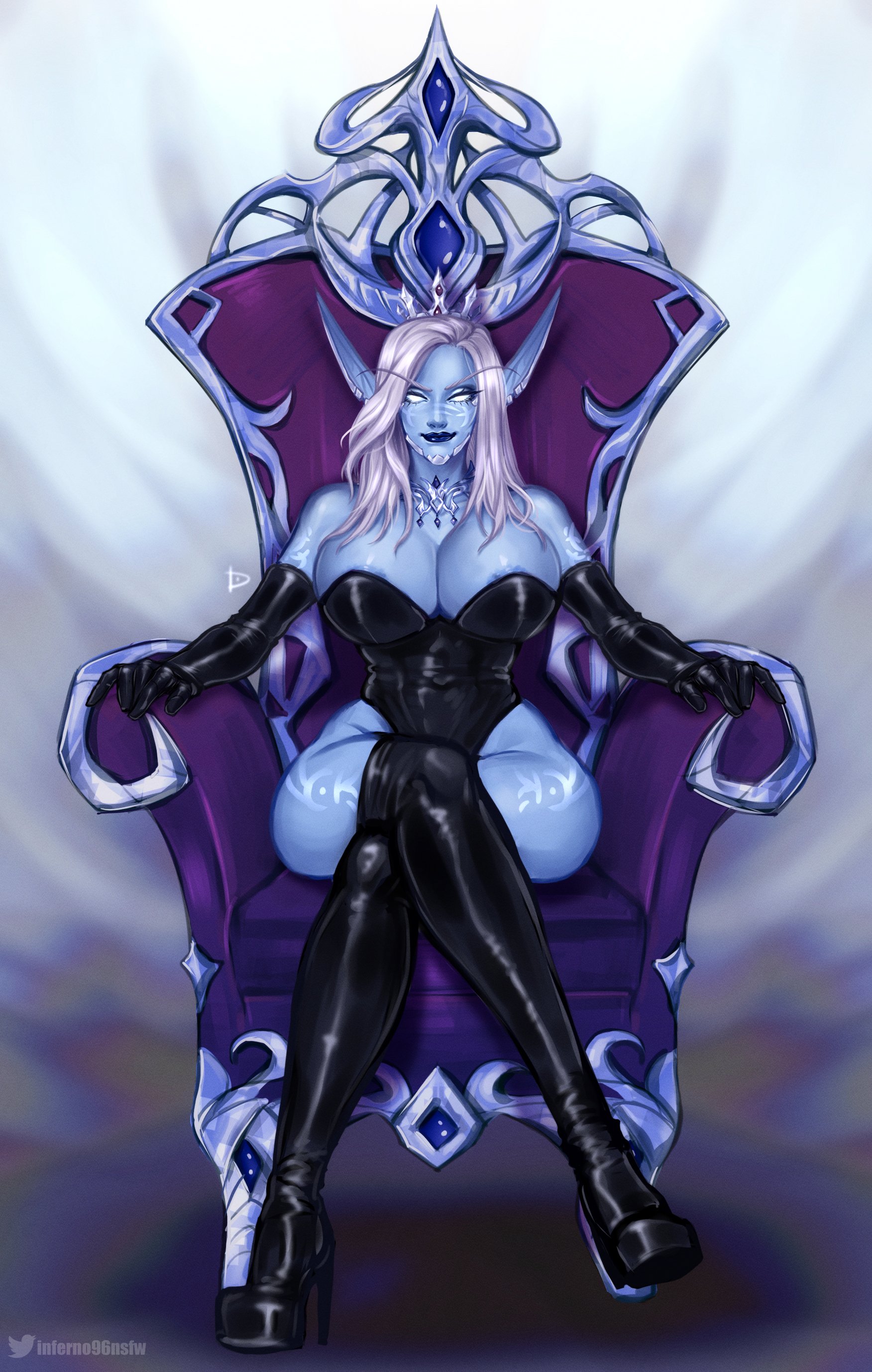 1futa, 2022, 2d, aevalin, areola slip, areolae, big breasts, blizzard entertainment, blue skin, breasts, chair, corset, disco inferno96, elbow gloves, elf, elf ears, elf futa, futanari, glowing, glowing eyes, heel boots, hi res, high resolution, highres, horde, intersex, large breasts, latex, legs crossed, long ears, nightborne, no pupils, oc, pointy ears, sitting, sitting on chair, solo, solo futa, sulkpuffer, thick thighs, thighhighs, throne, tight clothing, warcraft, white hair, world of warcraft, wow