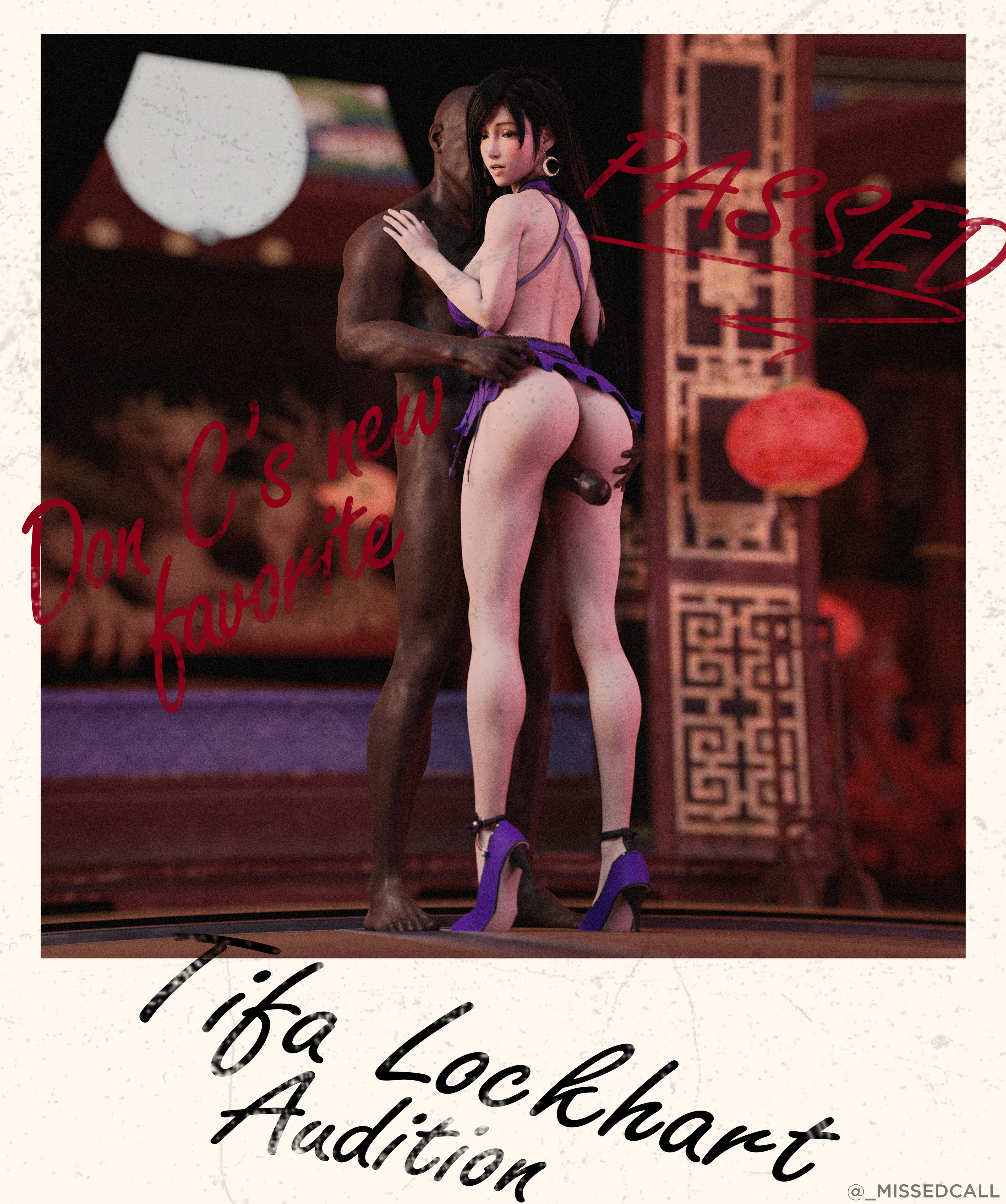 1boy, 1girls, 3d, 3d (artwork), alternate version available, ass, back view, bald, bald male, black hair, blush, blushing, dark skin, dark-skinned male, ear piercing, earring, earrings, english text, female, female focus, final fantasy, final fantasy vii, hand on ass, high heels, high resolution, highres, interracial, light skin, light-skinned female, male, male/female, missed call, mostly nude, muscular, muscular male, naked, nude, nude male, pale skin, pale-skinned female, picture, straight, text, thigh sex, tifa lockhart