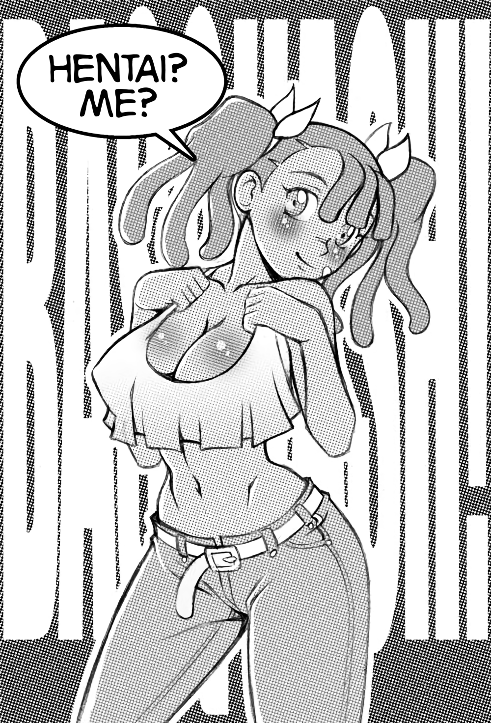 1girls artist_request ayukawa_miyuki bandaid basquash! big_breasts black_hair blush breasts busty cleavage denim denim_bottomwear denim_clothing denim_jeans female female_only highres jeans large_breasts legs midriff monochrome navel pants smile tank_top thighs third-party_edit twintails