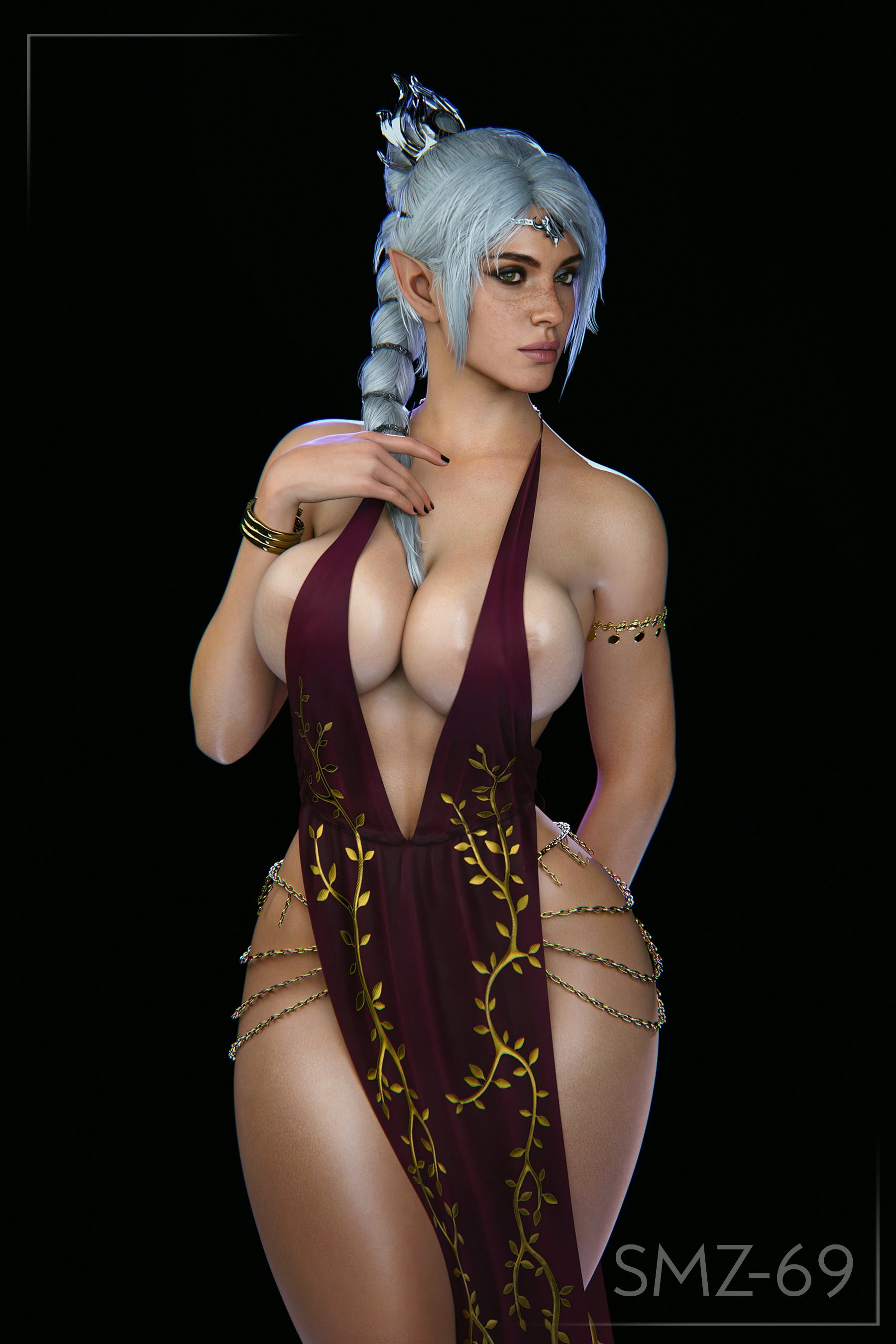 1girls, 3d, abs, absurd res, baldur's gate, baldur's gate 3, big breasts, blue eyes, breasts, cleavage, dungeons and dragons, female, female only, freckles, freckles on face, hi res, large areolae, large breasts, light skin, light-skinned female, looking at viewer, muscular, muscular female, navel, pointy ears, queen marika the eternal (cosplay), shadowheart, smz-69, solo, solo female, white hair, wide hips