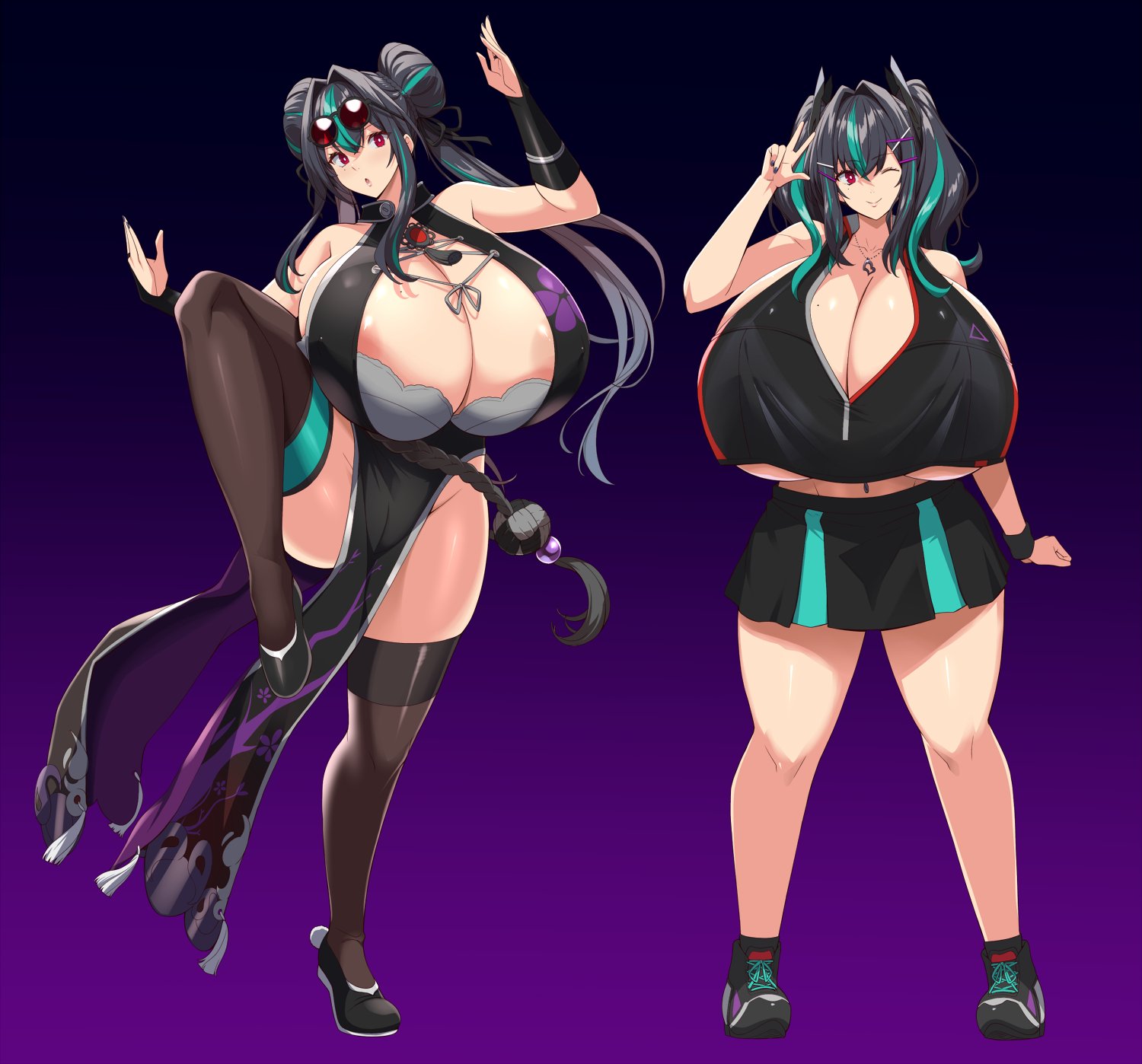1girls, alternate eye color, alternate hair color, areolae, areolae slip, azur lane, belly button, belly piercing, big breasts, black hair, breasts, bremerton (azur lane), bremerton (kung fu cruiser) (azur lane), bremerton (scorching-hot training) (azur lane), chinese clothes, cleavage, female, gigantic breasts, hair bun, kloah, large areolae, leggings, looking at viewer, necklace, red eyes, short skirt, skirt, sneakers, sunglasses, sunglasses on head, tennis uniform, thick thighs, twintails, underboob, wink