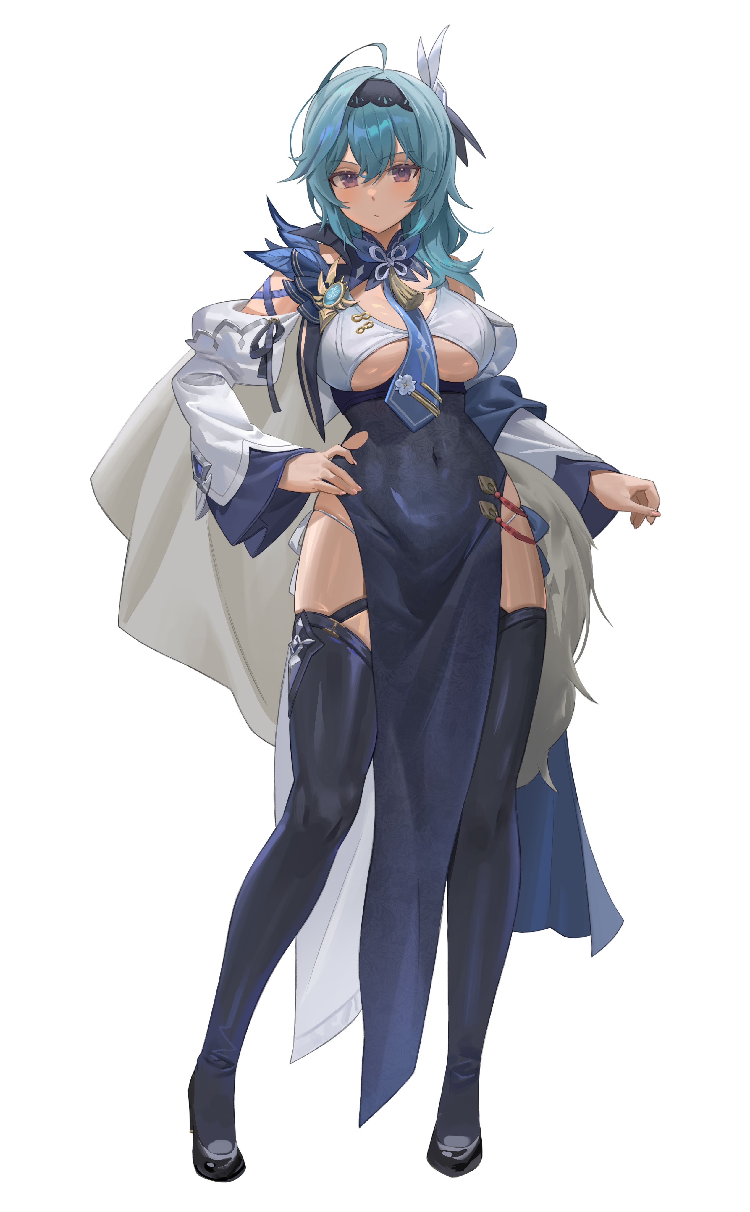 :/, 1girls, absurdres, alternate costume, aqua hair, asymmetrical hair, between breasts, black hairband, blue dress, blue necktie, blush, boots, breasts, brown eyes, cape, chinese clothes, closed mouth, clothing cutout, covered navel, detached sleeves, double slit dress, dress, eula (genshin impact), female, full body, genshin impact, hair ornament, hairband, hand on hip, high heel boots, high heels, high slit dress, highres, large breasts, legs, light skin, light-skinned female, long sleeves, looking at viewer, neck tassel, necktie, panties, panty straps, pelvic curtain, side slit, side-tie panties, simple background, slit dress, solo, tassel, thigh boots, thighhighs, underwear, white background, white panties, wide sleeves, zutsuyaku (zutsuuyaku1)