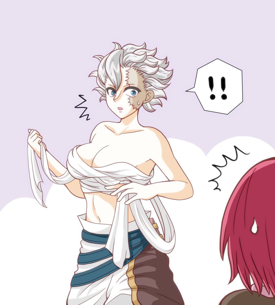 ! 2girls belaf blue_eyes burn_scar cleavage crossdressing curly_hair facial_scar female female_only genderswap_(mtf) iensabyss made_in_abyss medium_breasts messy_hair red_hair rule_63 sarashi scar short_hair surprised sweatdrop vueko walked_in_on white_hair