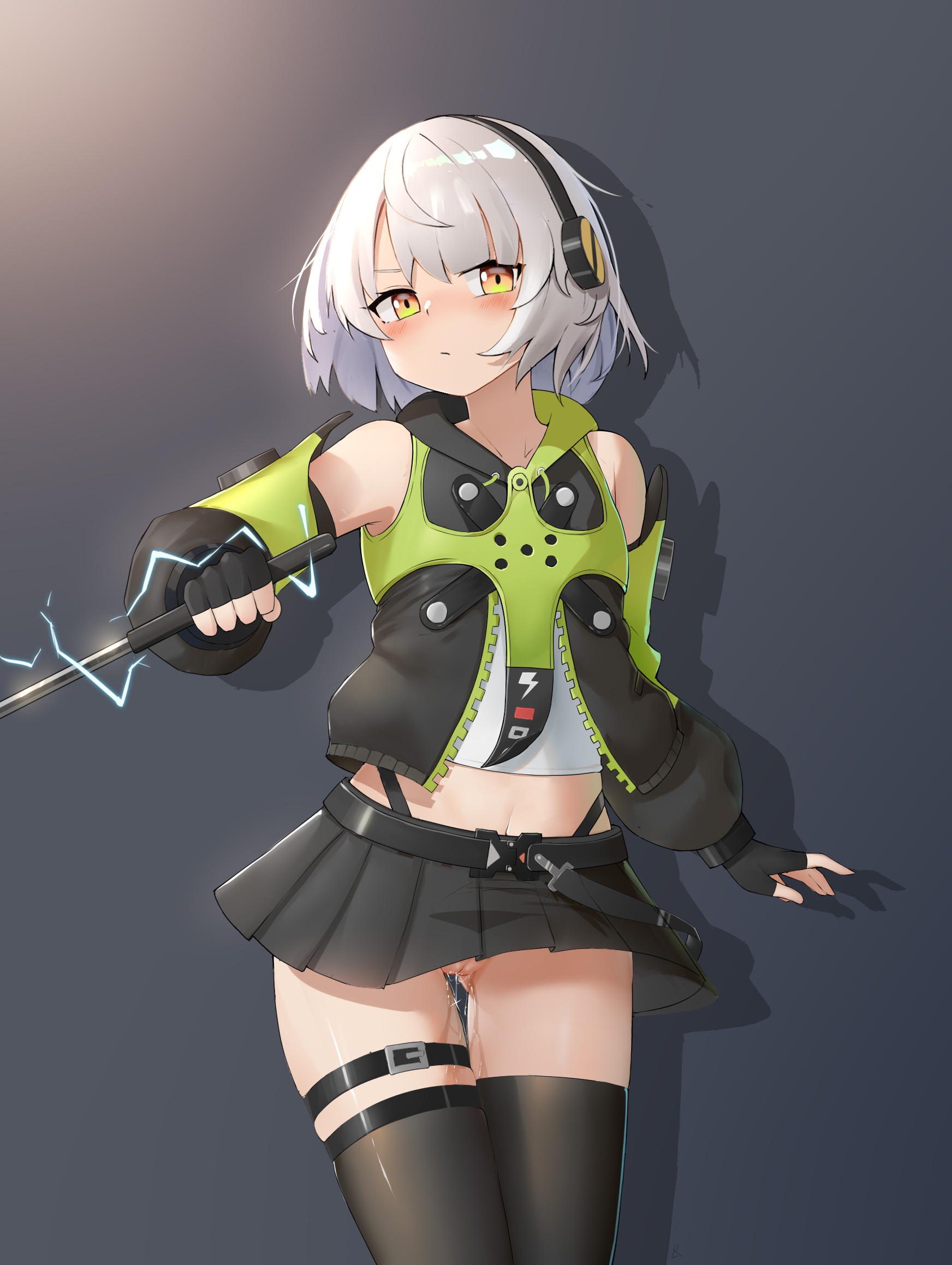 1girls, anby demara, blush, exposed shoulders, female, female only, fingerless gloves, first porn of character, gloves, grey hair, jacket, lrichle, no panties, no underwear, pussy, pussy juice, pussy juice drip, short hair, short skirt, silver hair, skirt, sleeveless, sleeveless jacket, solo, stockings, thighhighs, vagina, yellow eyes, zenless zone zero