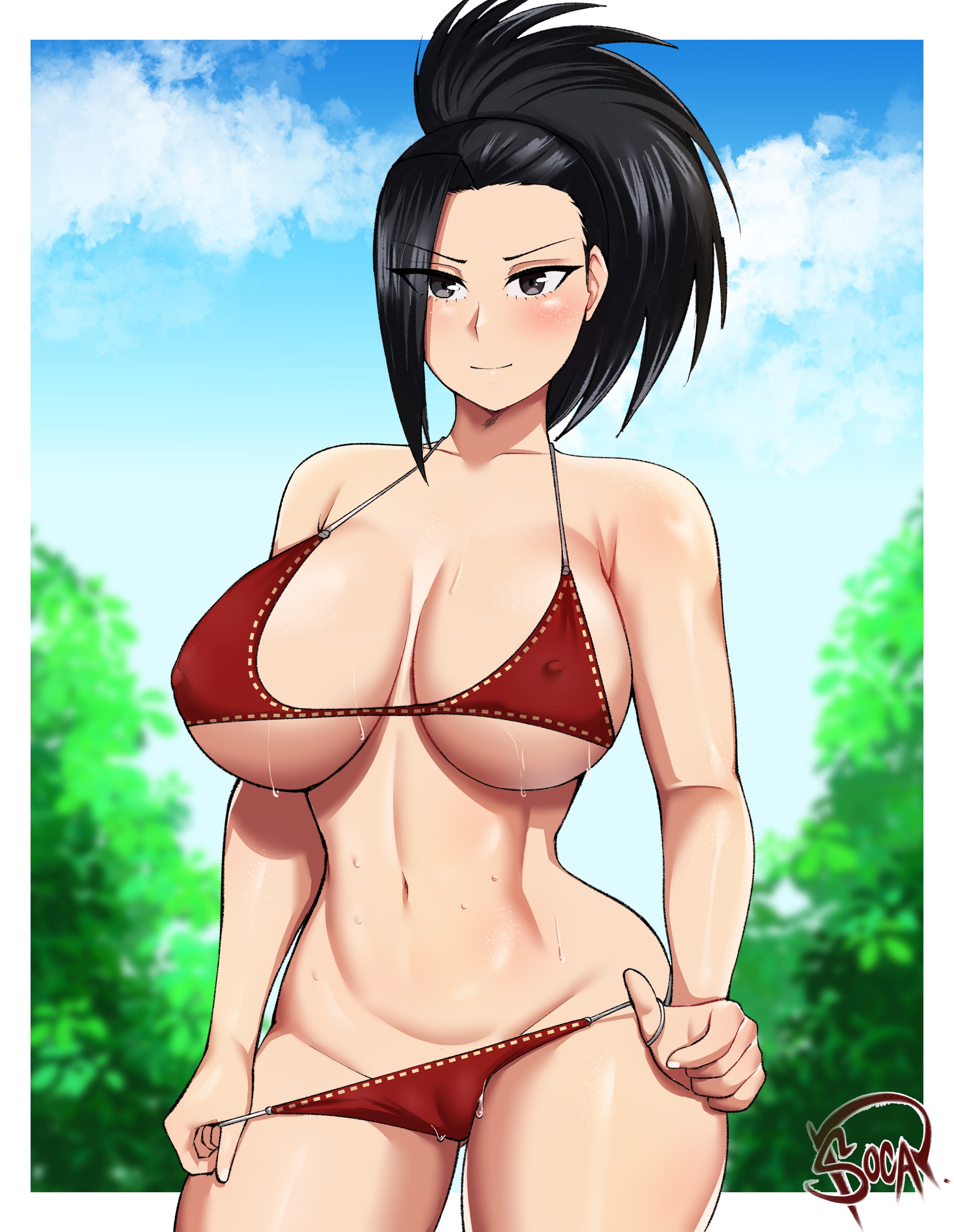 1girls, 2022, alternate version available, bikini, black eyes, black hair, black-haired female, breasts, female, female only, fit female, hips, hourglass figure, huge breasts, human, human female, light-skinned female, lord socar, medium hair, momo yaoyorozu, my hero academia, red bikini, slim waist, solo, swimsuit, thick thighs, thighs, wide hips