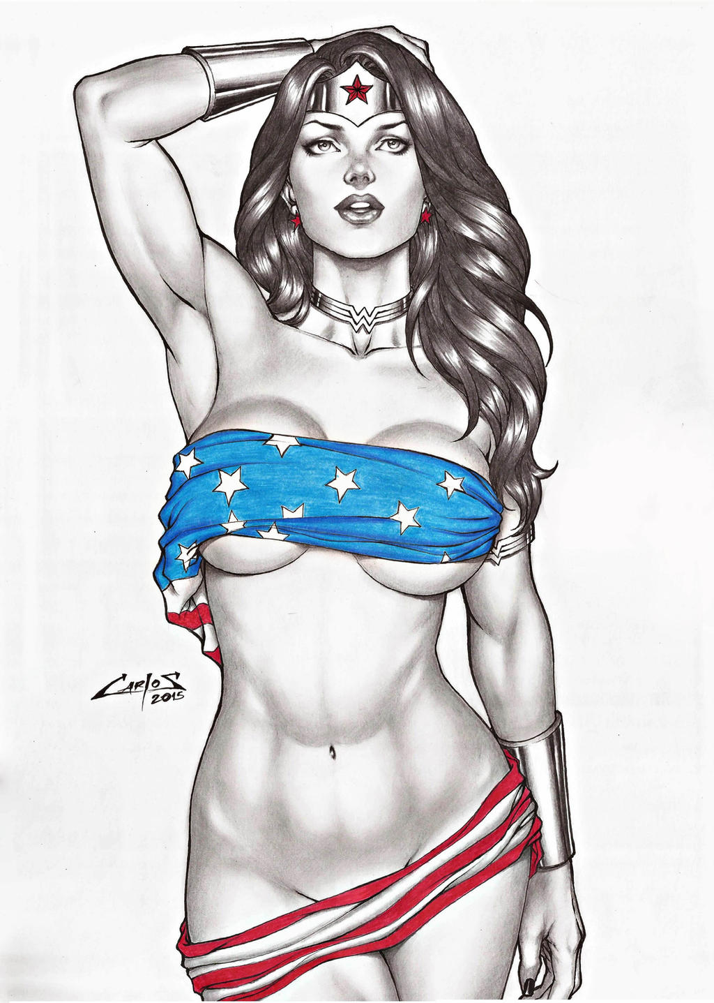 1girls, 2015, american flag, breasts, carlos braga, carlosbragaart80, dc, dc comics, diana prince, female, female only, half naked, half-dressed, pencil (artwork), sensual, solo, wonder woman, wonder woman (series)