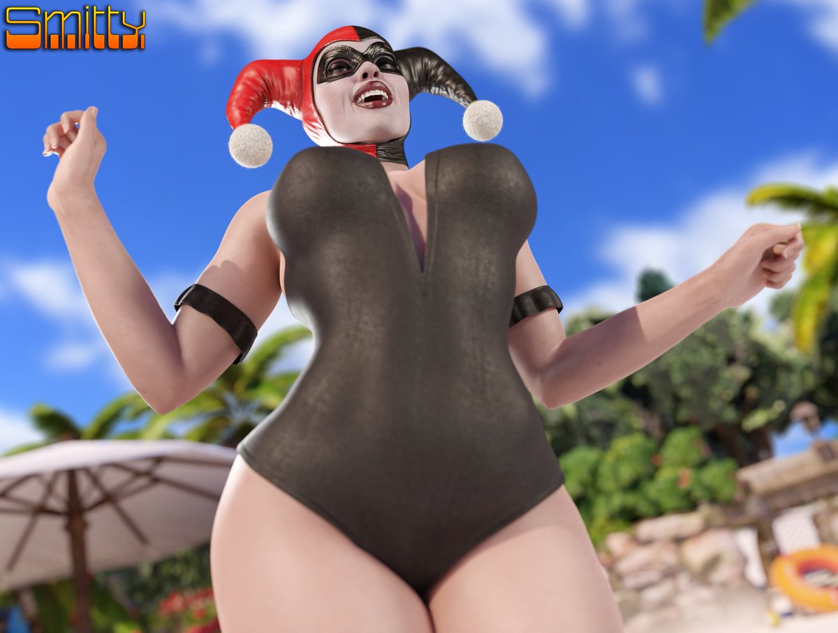 1girls, 3d, 3d (artwork), bathing suit, batman (series), beach, big breasts, blender (software), breasts, closed eyes, dc, dc comics, female, female only, happy female, harley quinn, harley quinn (classic), harley quinn (injustice), injustice 2, large breasts, light skin, light-skinned female, makeup, one-piece swimsuit, pale skin, pale-skinned female, smiling, smitty34, solo, solo female, swimsuit, tagme, thick thighs
