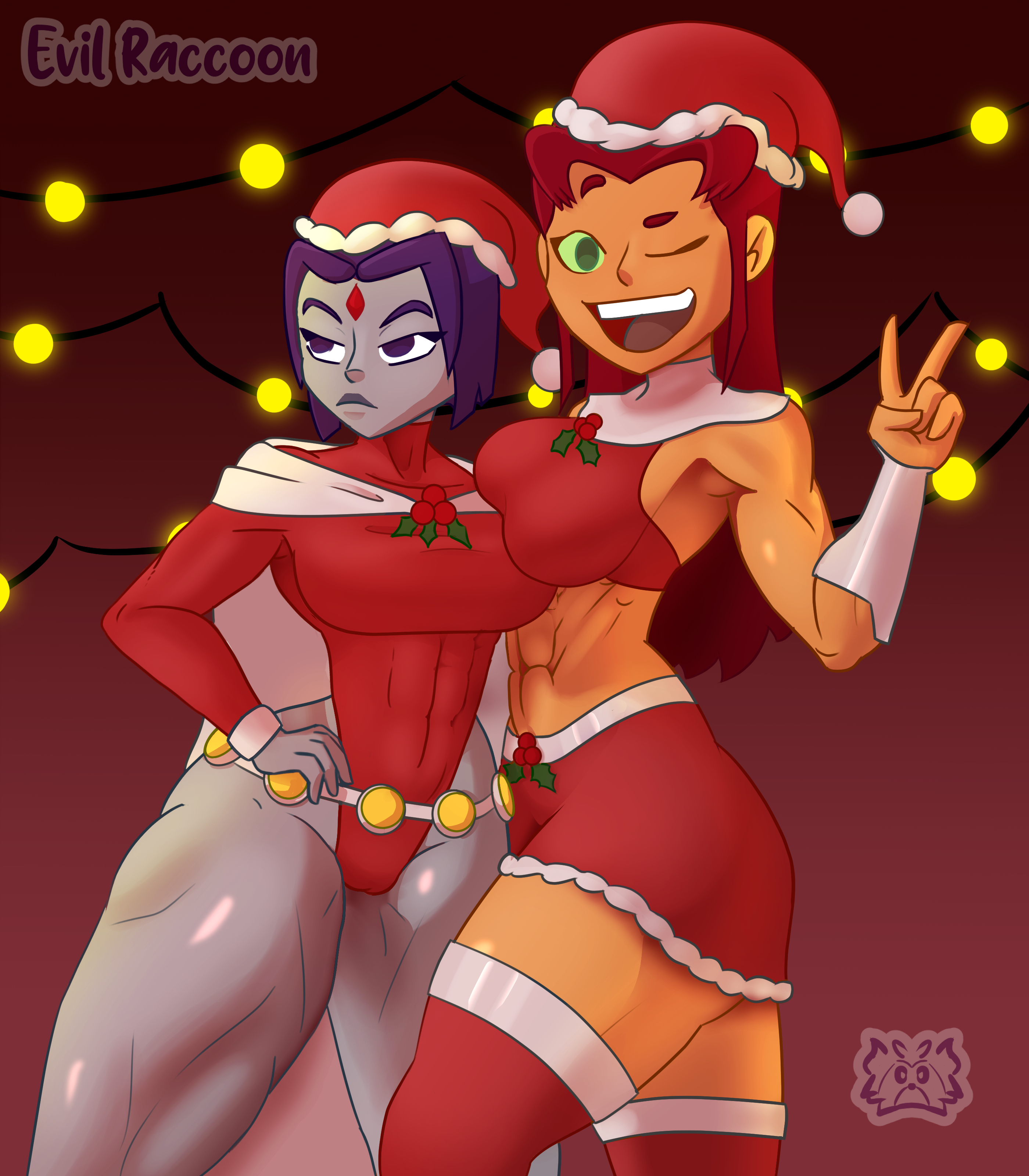 2girls, abs, ass, big ass, big breasts, big butt, blush, breasts, christmas, christmas clothing, christmas outfit, dc, dc comics, evil raccoon, female, female only, green eyes, grey body, long hair, multiple females, multiple girls, muscles, muscular, muscular female, one eye closed, orange body, purple eyes, purple hair, rachel roth, raven (dc), red hair, short hair, signature, smile, starfire, teen titans, text, thick thighs, thighhighs, tight clothing