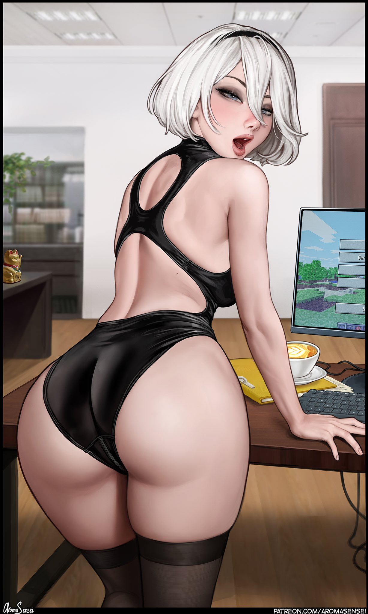1girls, 2022, android, android girl, aroma sensei, artist signature, ass, ass focus, ass shot, back view, backboob, big ass, big butt, blue eyes, breasts, bubble ass, bubble butt, female, female focus, female only, hairband, hi res, highleg leotard, hips, huge ass, huge breasts, indoors, leotard, light skin, light-skinned female, looking at viewer, looking back, nier, nier: automata, no text version, open mouth, short hair, skindentation, slim waist, square enix, textless, thick thighs, thighhighs, thighs, white hair, wide hips, yorha 2b