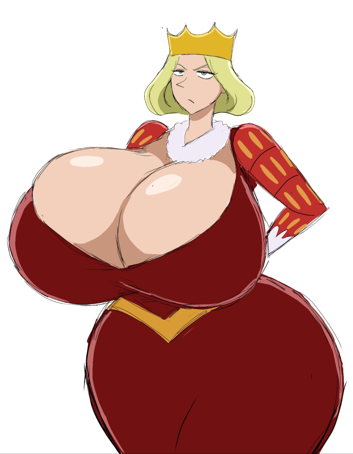 1girls, big breasts, blonde hair, blue eyes, breasts, crown, female, female focus, female only, huge breasts, hyper thighs, massive breasts, massive thighs, momiji (artist), ousama ranking, queen hilling, royalty, solo, solo female, thunder thighs, venus body