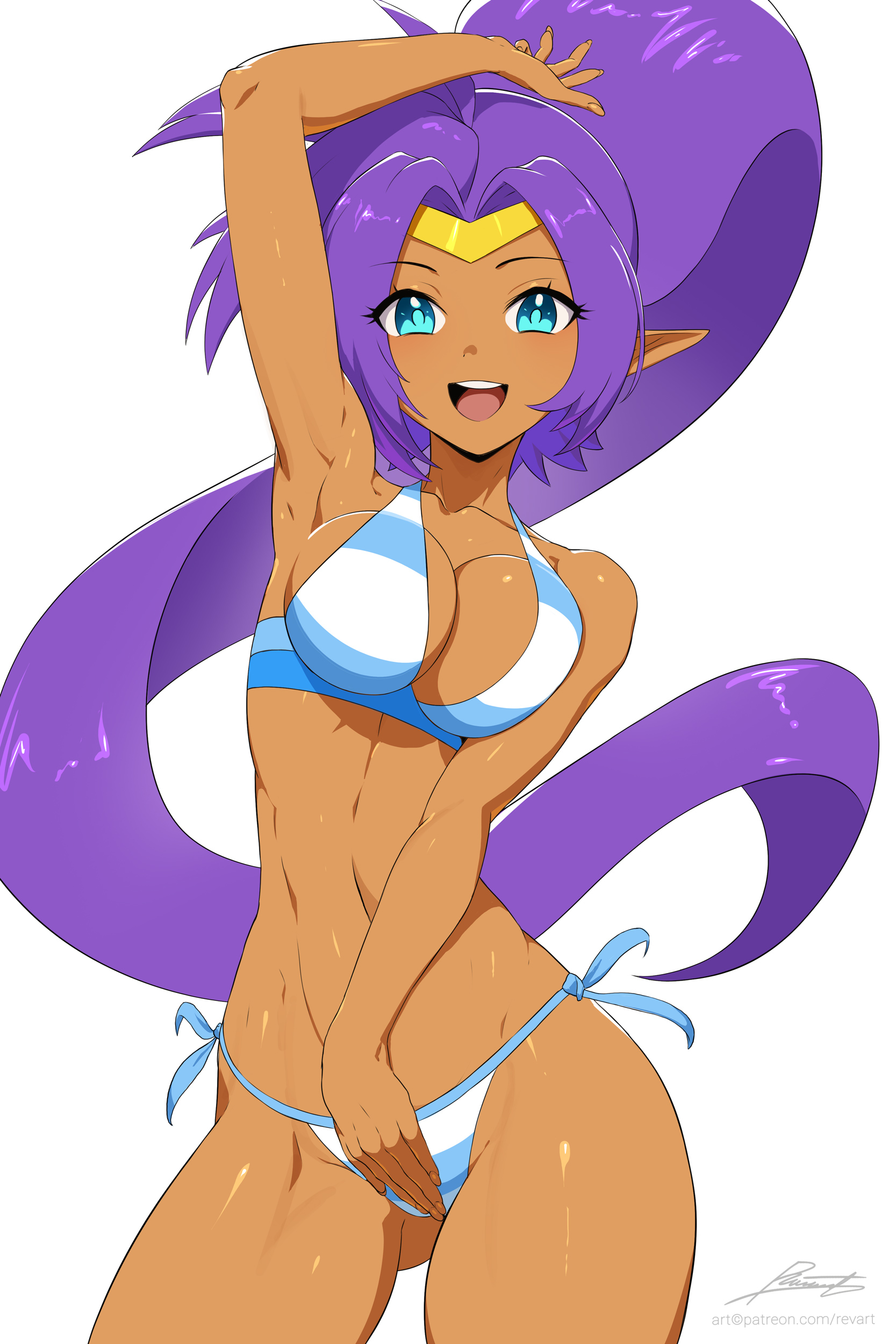1girls, arm up, bikini, blue eyes, breasts, female, pointy ears, purple hair, revenantart, shantae, shantae (character), striped bikini, white background