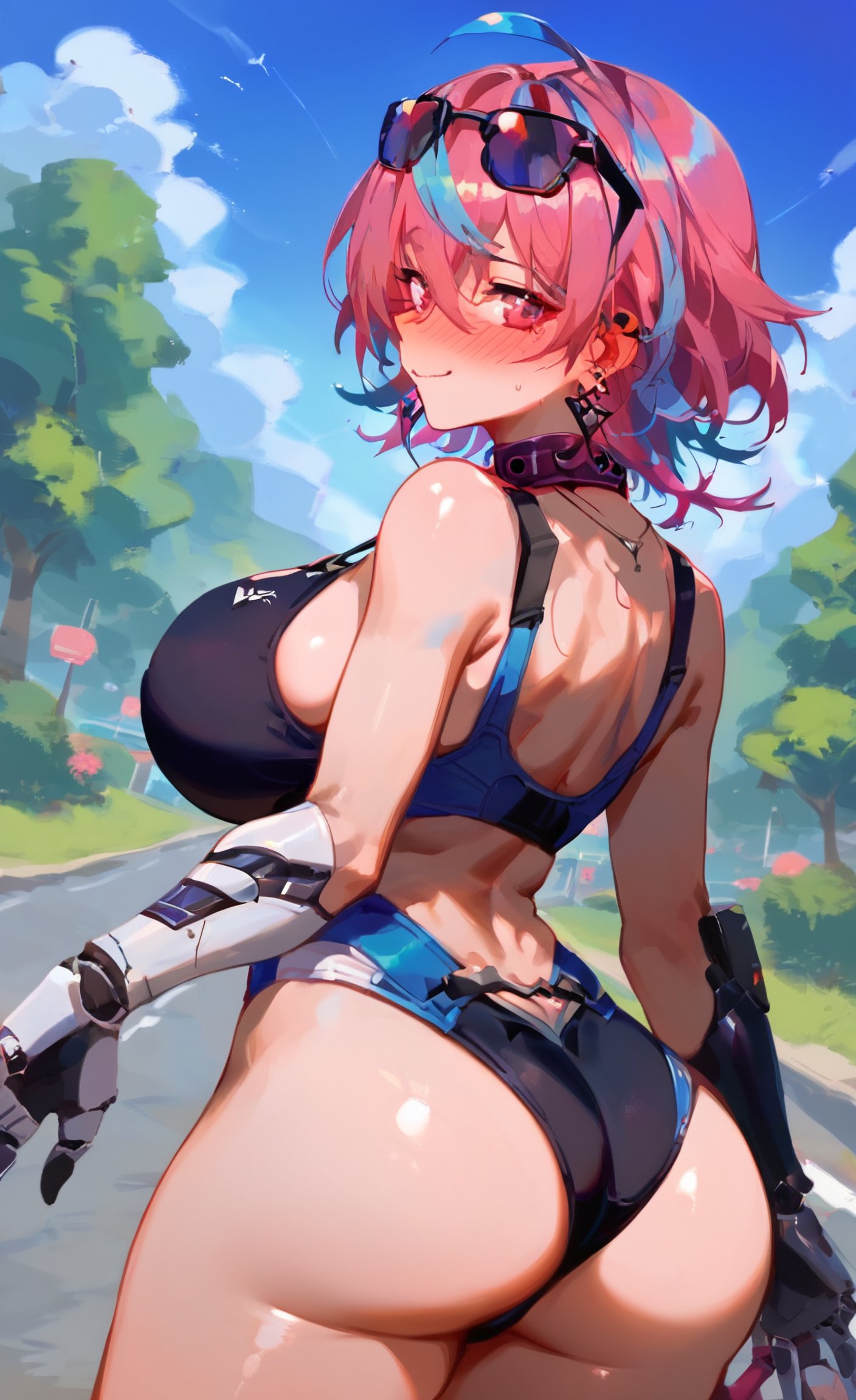 ai_generated ass back_view curvaceous curvy curvy_body curvy_female curvy_figure emikukis from_behind huge_breasts latam_virtual_youtuber looking_at_viewer looking_back multicolored_hair outdoors public rear_view ricochetk short_hair sportswear swimsuit virtual_youtuber vtuber wide_hips