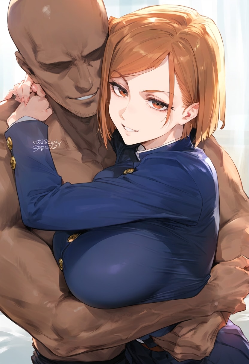 1boy, 1girls, ai generated, arms around neck, bald, bangs, blonde hair, breast grab, breasts, brown eyes, brown hair, cheating, clothed female nude male, clothing, cropped jacket, dark skin, dark-skinned male, embracing, faceless male, female, grin, groping, hug, huge breasts, interracial, jacket, jujutsu kaisen, kugisaki nobara, large breasts, long sleeves, looking at viewer, male, nakatori, nude, school uniform, shirt, short hair, skirt, smile, straight, swept bangs, uniform