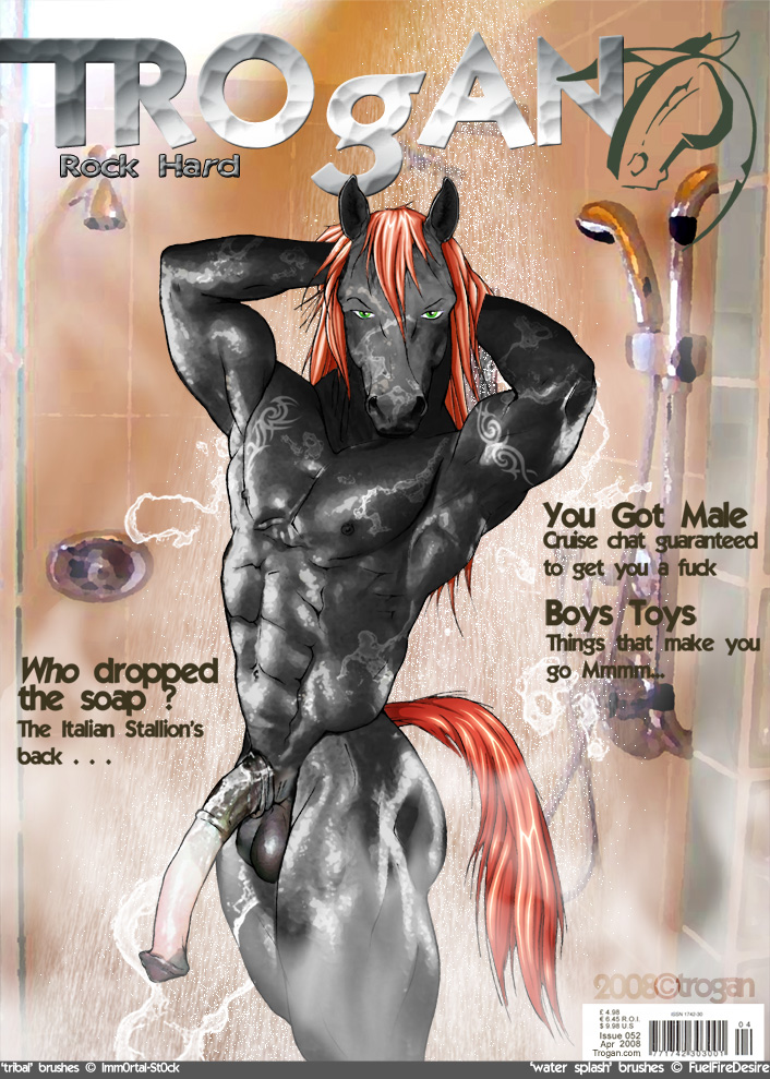 1boy 2008 abs armpits balls big_penis color equine furry horse horseballs horsecock magazine male male_only muscles penis red_hair shower solo standing trogan uncensored