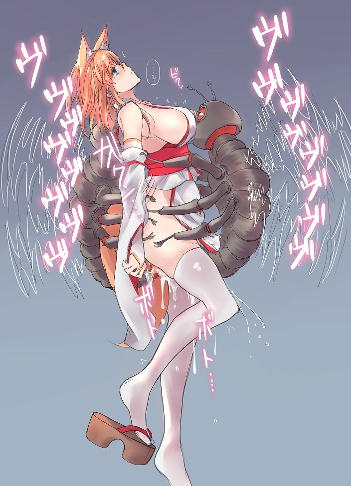 1girls 2boys animal_ear_fluff animal_ears arched_back arthropod bare_shoulders breasts bug cleavage detached_sleeves elbow_gloves female fingerless_gloves fox_ears fox_girl fox_tail from_side full_body gloves head_back implied_penetration insect japanese_clothes orange_hair pelvic_curtain rape sandwiched sawaya_(mizukazu) sideboob simple_background standing_sex tail thighhighs white_thighhighs wide_sleeves zoophilia