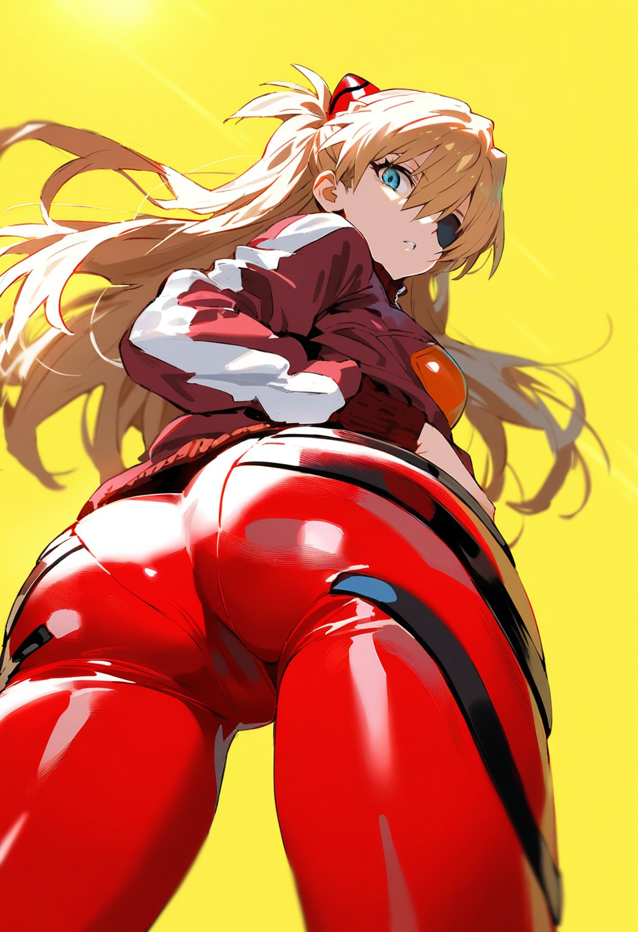 1girls, ai generated, ass, ass focus, asuka langley sohryu, blonde hair, blue eyes, bodysuit, cameltoe, eyepatch, female, jacket, looking back, neon genesis evangelion, plugsuit, pussy, shoppy, tagme, tight clothing, upskirt view, yellow background