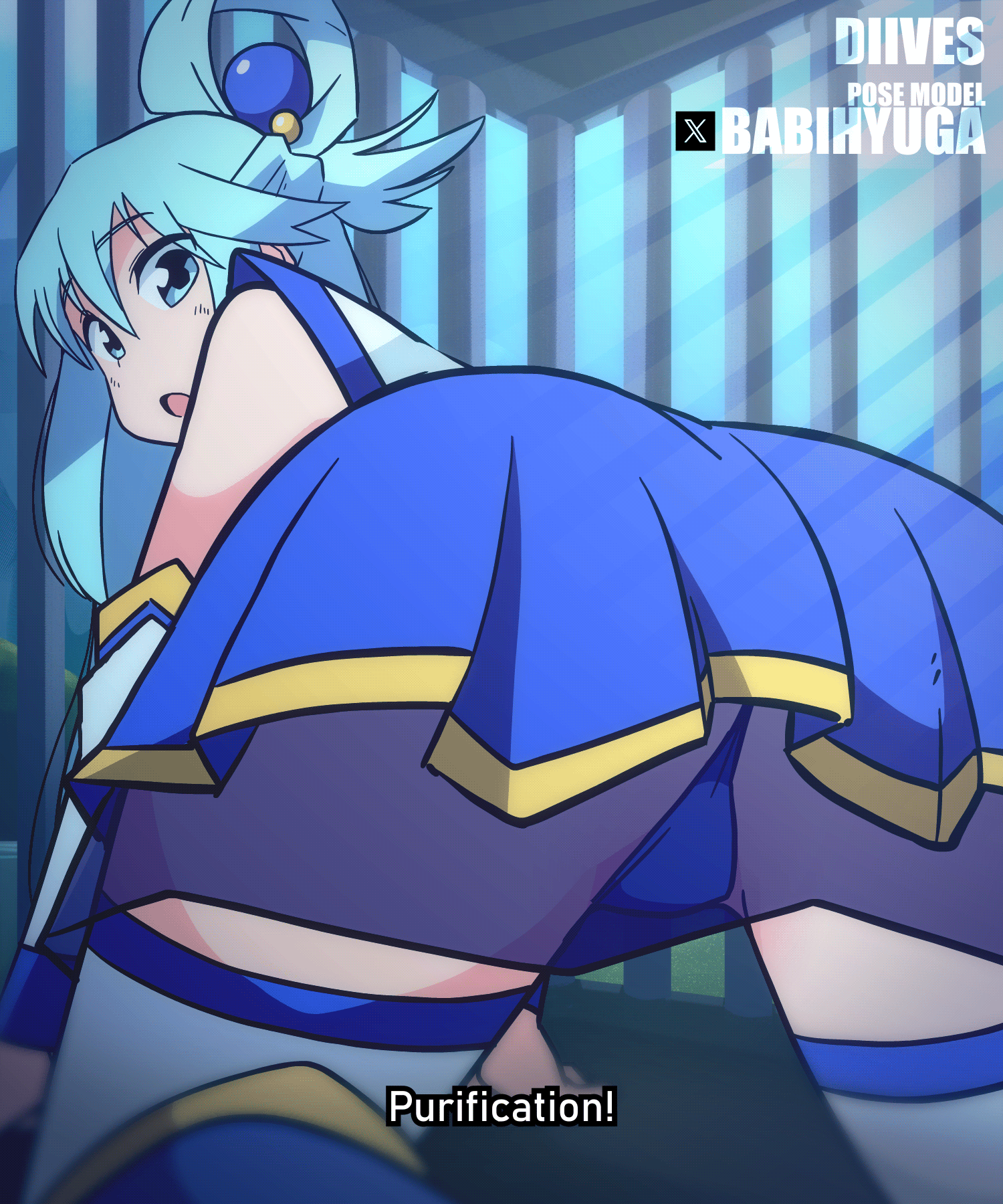 1girls, 2d, 2d animation, 5:6, animated, aqua (konosuba), ass, big ass, blue eyes, blue hair, blue panties, bouncing ass, diives, female, female only, jiggle, jiggling ass, kono subarashii sekai ni shukufuku wo!, looking at viewer, looking back, panties, skirt, solo, text, thick thighs, twerking, upskirt, vertical video, wide hips