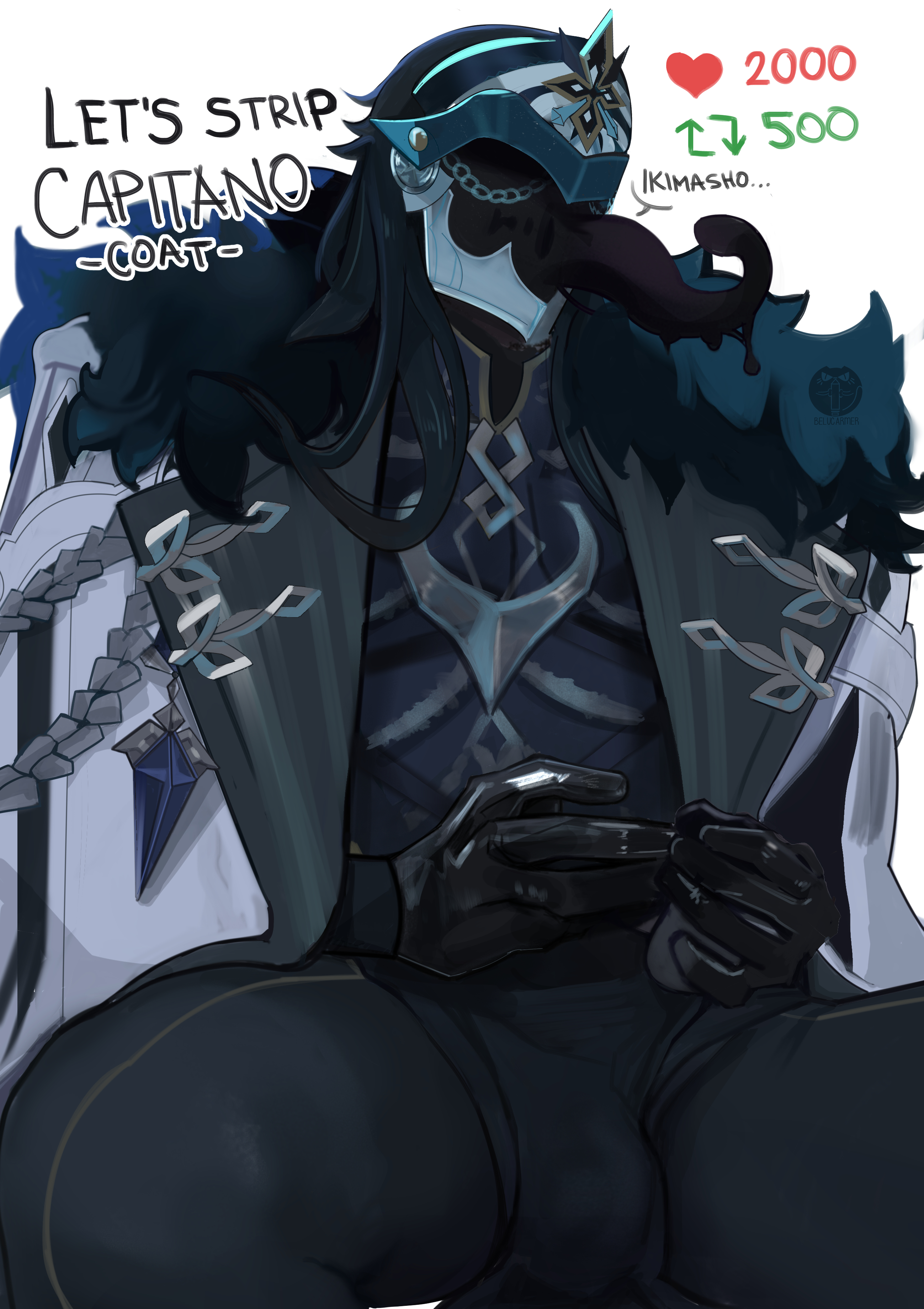 bara, belucarmer, black hair, bulge, bulge through clothing, capitano (genshin impact), chains, coat, daddy, dark clothing, erection under clothes, fully clothed, genshin impact, gloves, helmet, long hair, male, male only, masked, masked male, muscular, sitting, solo, solo male, uninterested, yaoi