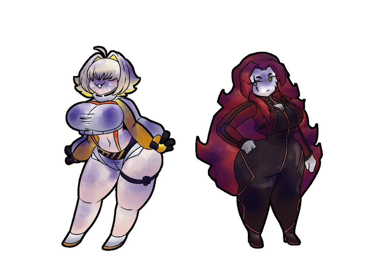 2girls big_breasts blueberry_inflation breasts elegg_(nikke) female gebura_(lobotomy_corporation) goddess_of_victory:_nikke huge_breasts lobotomy_corporation project_moon ranchandfrys skin_turning_blue tagme thick_thighs wide_hips