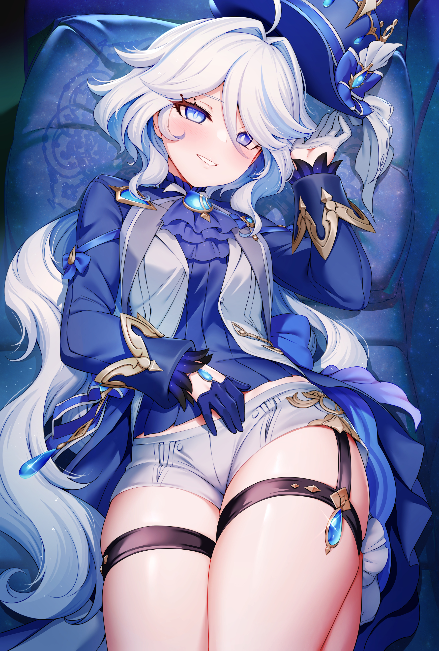 1girls, ahoge, blue eyes, blush, booty shorts, breasts, clothing, coat, female, furina (genshin impact), genshin impact, gloves, hair between eyes, hair intakes, hat, hi res, looking at viewer, lying, m-da s-tarou, on bed, pillow, seductive, seductive look, seductive smile, short shorts, shorts, skindentation, small breasts, smile, solo, thick thighs, thigh strap, two-tone hair, white hair