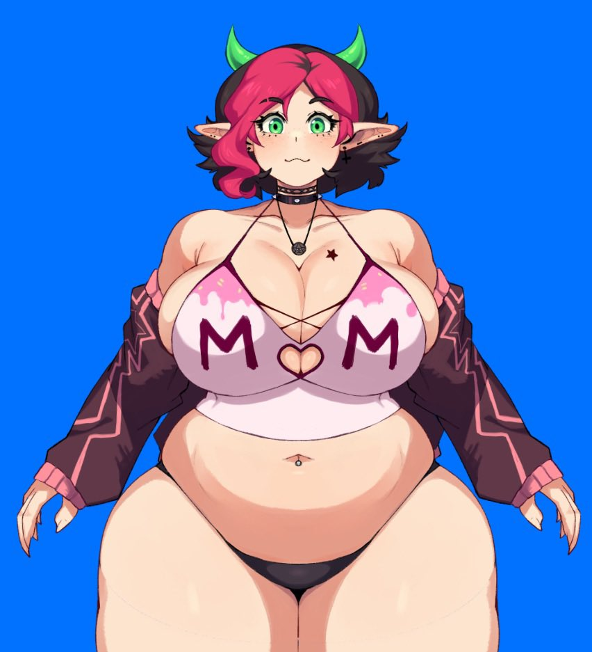 :3 belly belly_button_piercing belly_piercing big_breasts big_thighs biggestmommas black_hair black_panties blue_background chubby cute elf_ears green_eyes green_horns huge_breasts indie_virtual_youtuber jacket large_breasts live2d milf model necklace off-shoulder_jacket off_shoulder overweight pentagram_necklace piercing pink_hair plump pointy_ears sharp_fingernails simple_background sleeves_past_wrists spiked_choker star_tattoo succubus taigerarts thick_thighs thigh_up two-tone_hair virtual_youtuber vtuber white_crop_top white_shirt