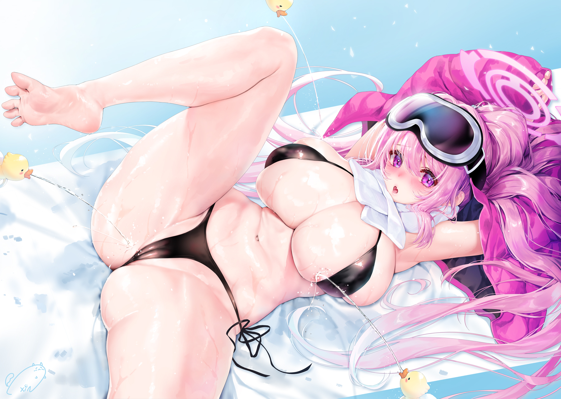 armpits, arms up, ass, ass visible through thighs, belly, blue archive, blush, breasts, cameltoe, eimi (blue archive), eimi (swimsuit) (blue archive), feet, female, huge breasts, jacket partially removed, legs, lying on back, millennium science school student, one leg up, pussy, rubber duck, skindentation, soles, spread legs, super phenomenon task force (blue archive), thighs, toes, water
