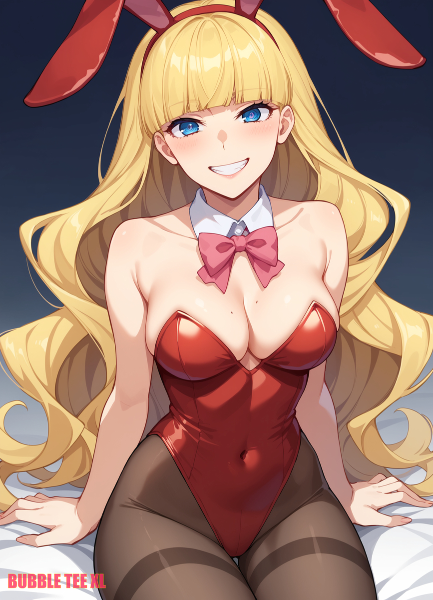 1girls aged_up ai_generated animal_ears artist_name bare_arms blonde_hair blue_eyes blunt_bangs blush bow bowtie breasts bubbleteexl bungo_stray_dogs cleavage covered_navel detached_collar elise_(bungo_stray_dogs) fake_animal_ears female female_only grin hairband highleg leotard long_hair looking_at_viewer mole mole_on_breast pantyhose pink_bow pink_bowtie playboy_bunny rabbit_ears red_leotard sitting smile solo solo_female strapless strapless_leotard teeth wavy_hair