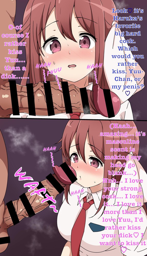 1boy big_penis blush breasts brown_eyes brown_hair censored clothing english english_text female hair_ornament hair_ribbon high_resolution imminent_oral large_breasts liyocafe long_hair looking_at_penis male multiple_views open_mouth penis penis_awe ribbon riyo_(aokiwazumi) sakura_trick school_uniform shiny shiny_hair straight takayama_haruka text uniform