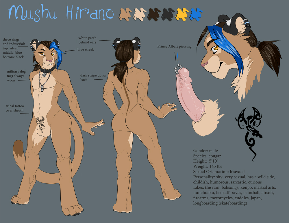 1boy anthro bisexual bisexual_male cougar demicoeur feline femboy furry lion male male_only model_sheet mountain_lion mushu penis puma sheath solo tattoo tribal_tattoo