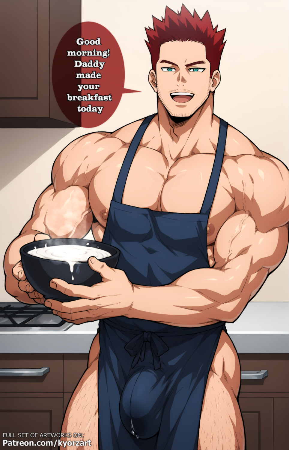 ai_generated apron apron_only balls bara big_balls big_butt big_penis boku_no_hero_academia cum daddy dilf endeavor_(my_hero_academia) enji_todoroki erection facial_hair gay kyorzart male male_nipples male_only manly mature_male milk muscular_male my_hero_academia nipples nude pecs pectorals penis red_hair talking_to_viewer text