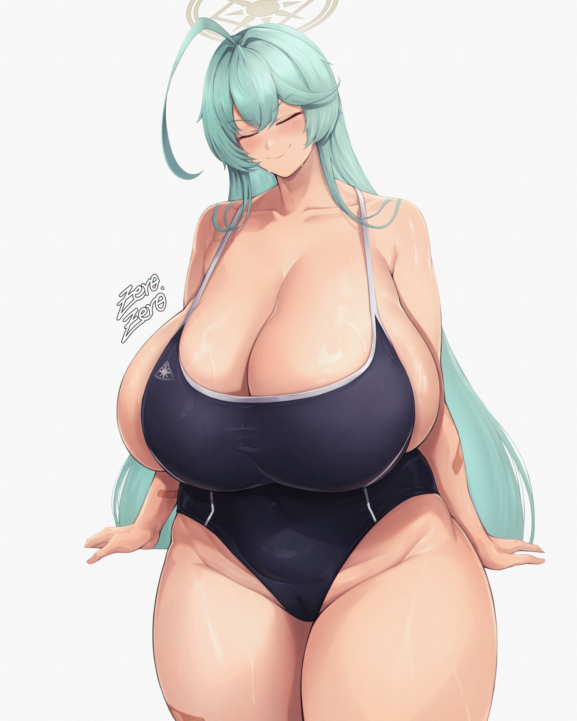 1girls, abydos high school student, arms at sides, blue archive, breasts, closed eyes, closed eyes smile, female, furrowed brow, hi res, huge breasts, large breasts, light skin, light-skinned female, long hair, one-piece swimsuit, raised eyebrows, school swimsuit, smile, swimsuit, thick thighs, voluptuous, wide hips, yume (blue archive), zer0artzer0