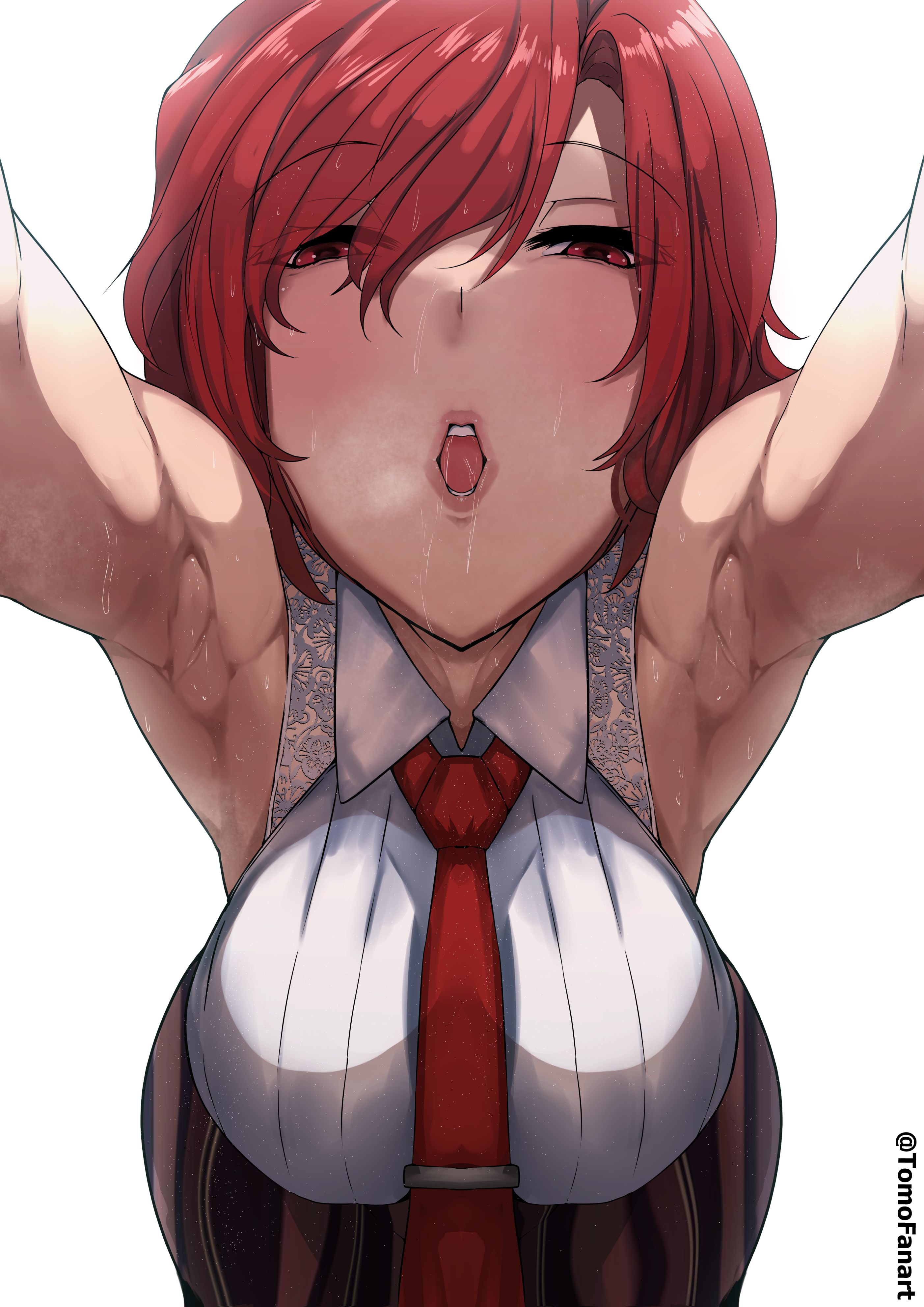 armpit fetish, armpits, arms up, big breasts, blush, breasts, busty, drool, drool on face, drooling, female, female focus, female only, hourglass figure, king of fighters, large breasts, milf, pov, red eyes, red hair, saliva, saliva trail, seductive, seductive look, shirt, short hair, sleeveless, sleeveless shirt, snk, sweat, sweatdrop, sweating, sweaty, sweaty body, tagme, tied up, tomodachi (tomofanart), vanessa (kof), wide hips