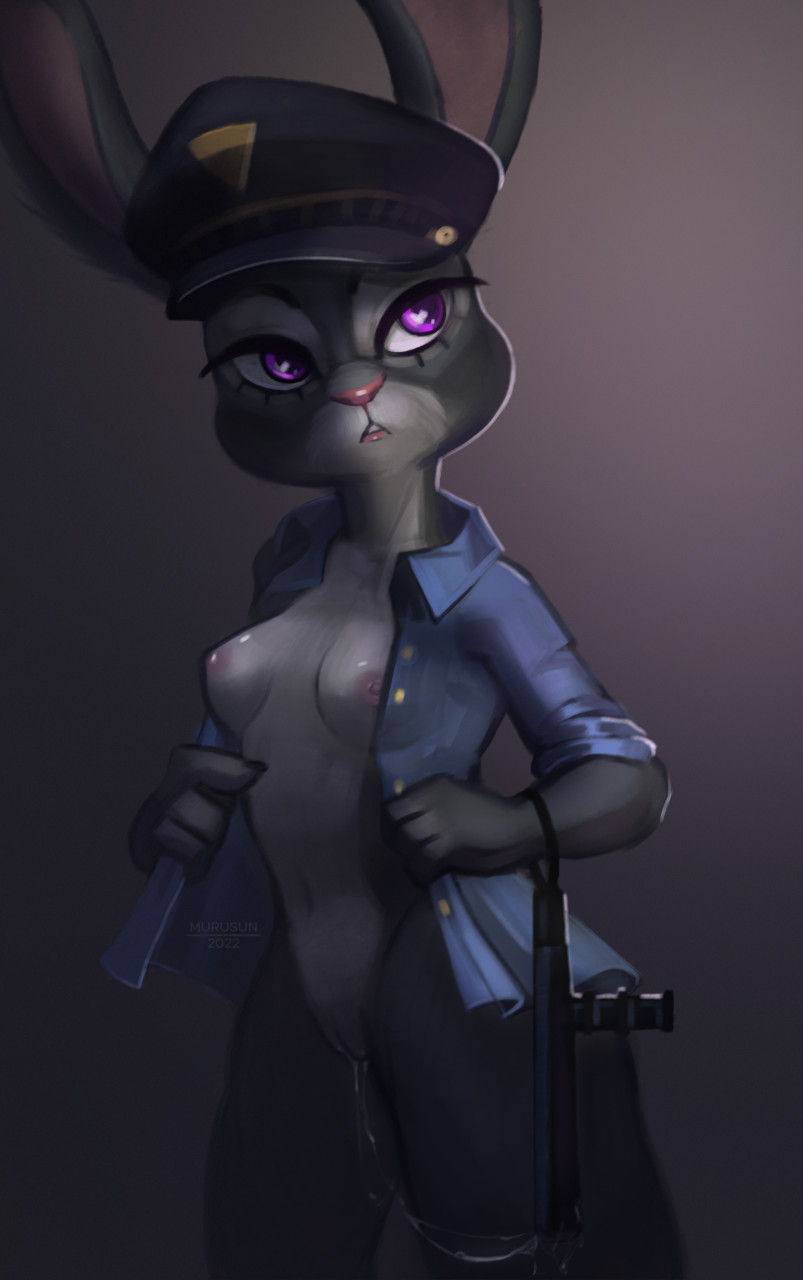 2022 anthro artist_name blue_clothing blue_shirt blue_topwear bodily_fluids bottomless breasts clothed clothing club_(weapon) countershade_face countershade_fur countershade_torso countershading dated disney eyebrows eyelashes female fur genital_fluids genitals grey_body grey_fur hi_res judy_hopps lagomorph leporid long_ears looking_away mammal melee_weapon mostly_nude murusun navel nipples open_clothing open_shirt open_topwear pink_nipples police police_hat purple_eyes pussy pussy_juice_string rabbit shirt simple_background small_breasts solo standing topwear vaginal_fluids weapon zootopia