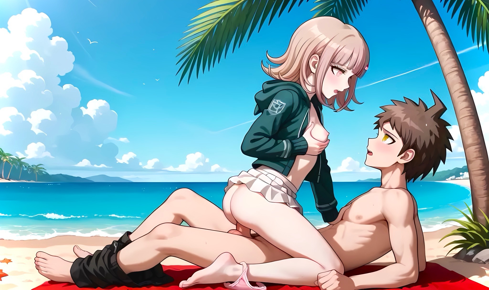 1boy, 1girls, ahoge, ai generated, ambiguous penetration, artist request, balls, barefoot, beach, beach towel, blush, breasts, brown hair, cat hoodie, cowgirl position, danganronpa, danganronpa 2: goodbye despair, female, grey hair, hand on chest, hinata hajime, hoodie, looking at another, male, medium hair, nanami chiaki, nipple, ocean, olive eyes, on beach, open mouth, outdoors, outside, palm tree, pants down, partially nude, penis, pink eyes, pink panties, sex, sideboob, sitting, spiky hair, straight, testicles, touching own breast, underwear around ankle, white skirt