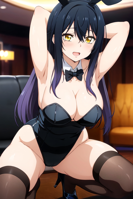 1girls, ai generated, armpits, black hair, black-haired female, breasts, bunny ears, bunny girl, bunnysuit, commentary request, english commentary, female, female only, hd, hi res, high heels, high resolution, highres, light skin, light-skinned female, mieruko-chan, solo, solo female, squatting, thighs, two-tone hair, violet hair, yotsuya miko