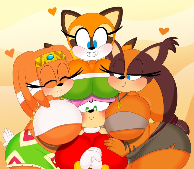 3barts 4girls amy_rose big_ass big_breasts blush fat_ass flustered heart-shaped_pupils lesbian marine_the_raccoon multiple_girls sega skirt sonic_(series) sonic_adventure sonic_boom sonic_rush_adventure sonic_the_hedgehog_(series) sticks_the_badger sweating tagme tikal_the_echidna yuri