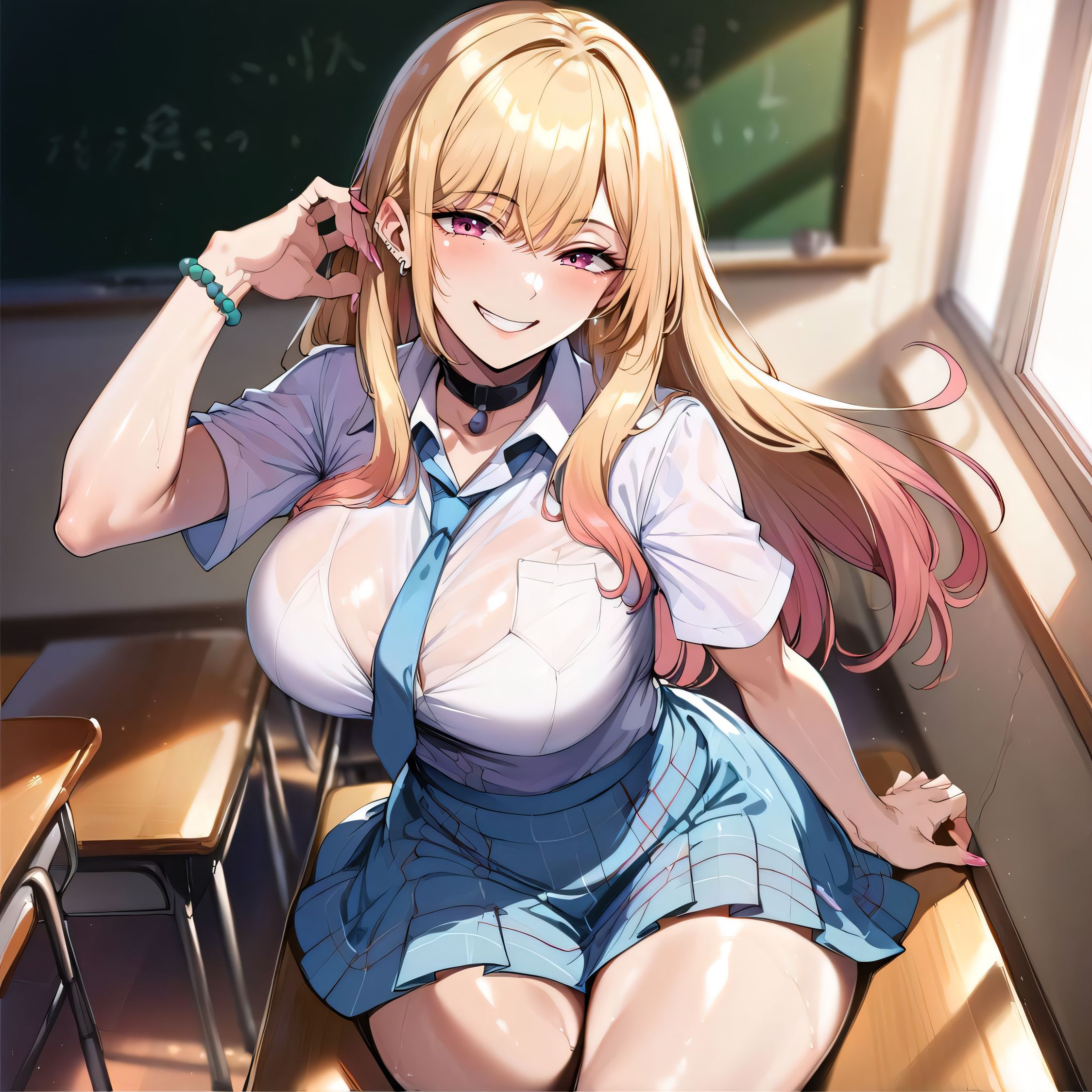 1girls, ai generated, alternate breast size, big breasts, breasts, busty, classroom, curvaceous, curvy, curvy body, curvy female, curvy figure, female, huge breasts, kitagawa marin, large breasts, nipples, school uniform, sitting, skirt, solo, sono bisque doll wa koi wo suru, sweat, sweating, sweaty, sweaty body, sweaty breasts, thick thighs, thighs