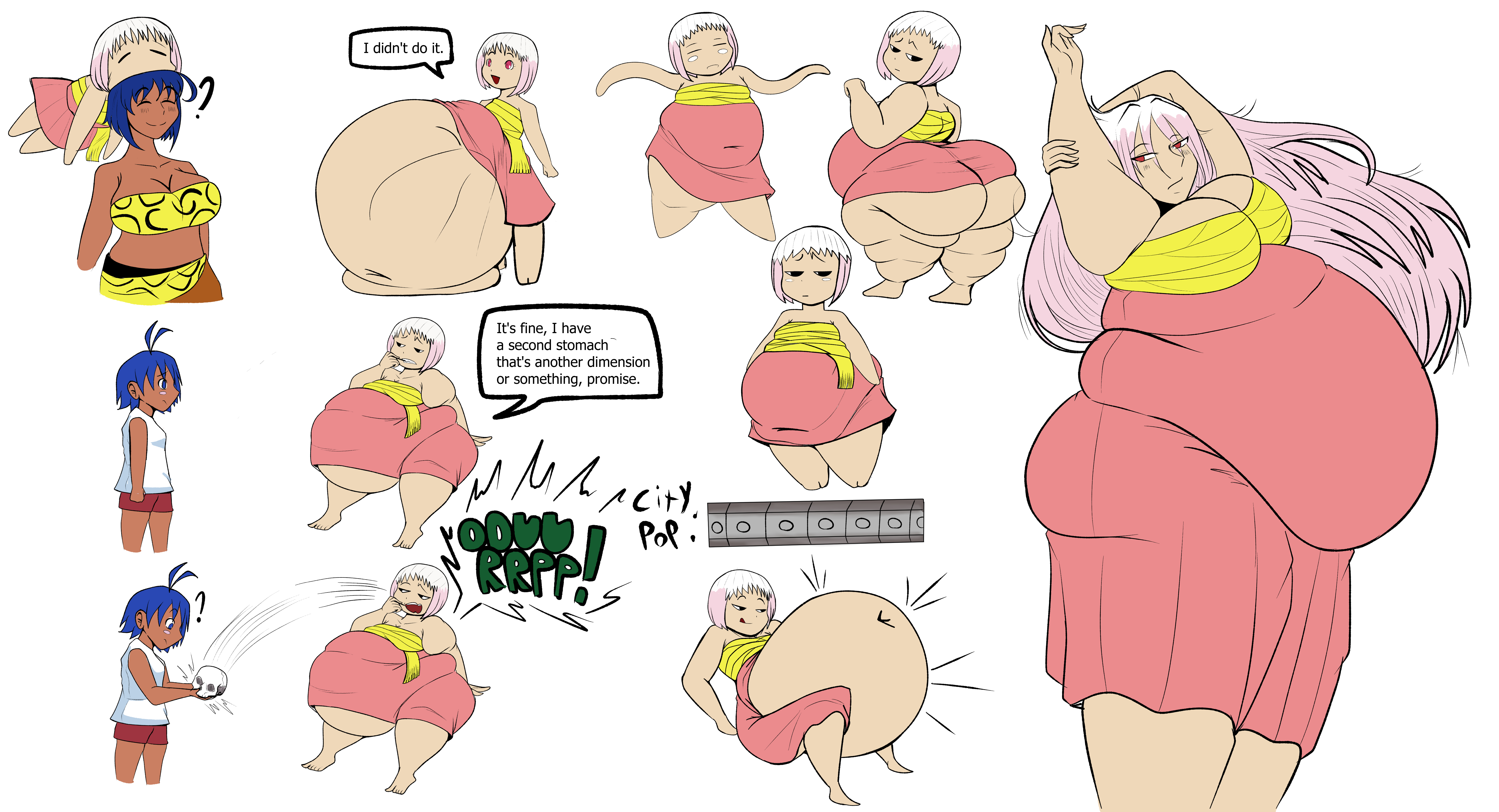 1boy, 2girls, adult guu, age difference, aged up, ass, ass bigger than head, ass expansion, bbw, belly, big ass, big belly, big breasts, bigger prey, blue hair, breasts, bubble ass, bubble butt, burp, burping, burping up bones, burping up skull, cute pred, dark skin, dark-skinned female, dark-skinned male, digestion, dress, fat ass, fat belly, fat female, fat thighs, fat woman, fatal vore, female, female pred, female prey, guu, hare (jungle wa itsumo hare nochi guu), hare+guu, huge ass, huge belly, jungle wa itsumo hare nochi guu, lambdaz, larger prey, long hair, male, mass vore, massive ass, massive belly, milf, milf pred, milf prey, multiple prey, older female, older prey, oral vore, pink hair, short hair, shortstack, shortstack pred, skull, smaller pred, thick thighs, vore, vore belly, weda, weight gain, younger female, younger pred