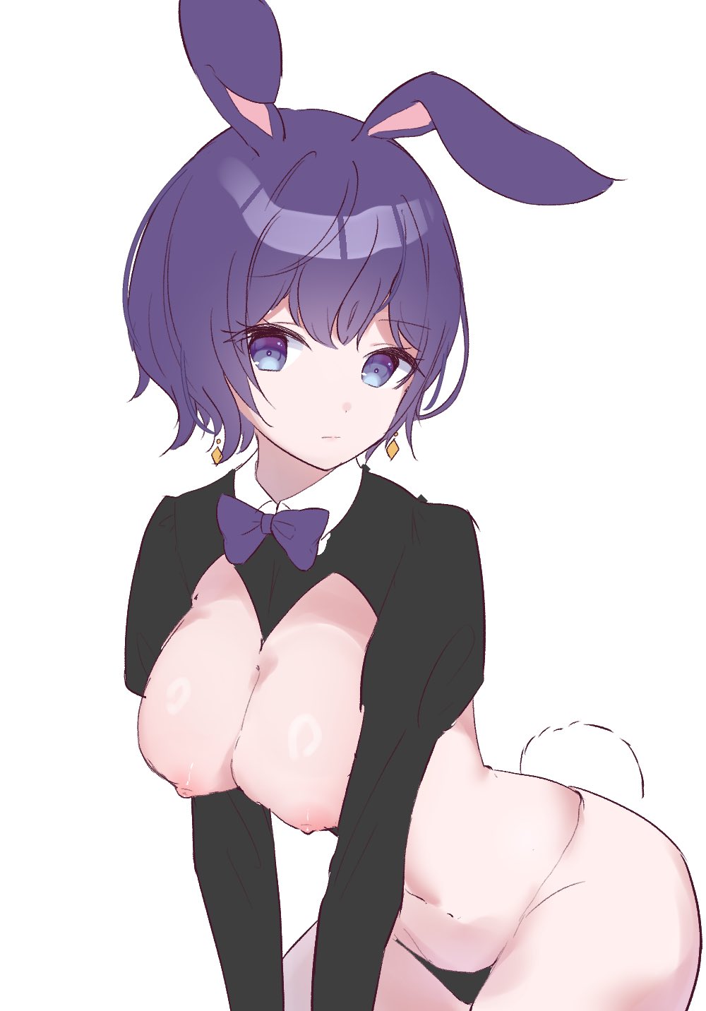 1girls asahina_mafuyu big_breasts black_suit bunny_ears bunny_tail bunnysuit butterfly emotionless looking_at_viewer nipples panties project_sekai purple_eyes purple_hair short_hair teenager