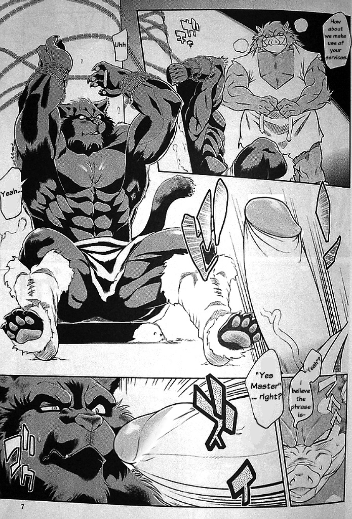 amakuchi bondage chains clothing comic dragon_quest erection feline fundoshi furry gay jyuumaretsuden male monochrome muscles muscular muscular_male no_humans orc_(dragon_quest) panther penis pig porcine rikantas underwear undressing yaoi