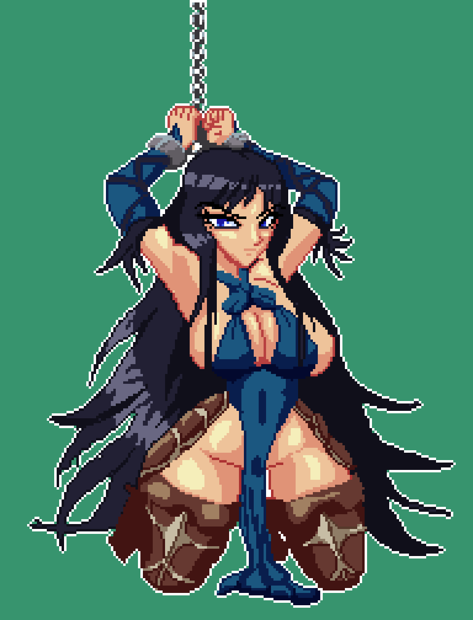 1girls arms_up black_hair blue_eyes breasts brown_legwear brown_thighhighs castlevania clothing female konami long_hair pixel_art restrained self_upload shanoa spread_legs thighhighs wide_hips