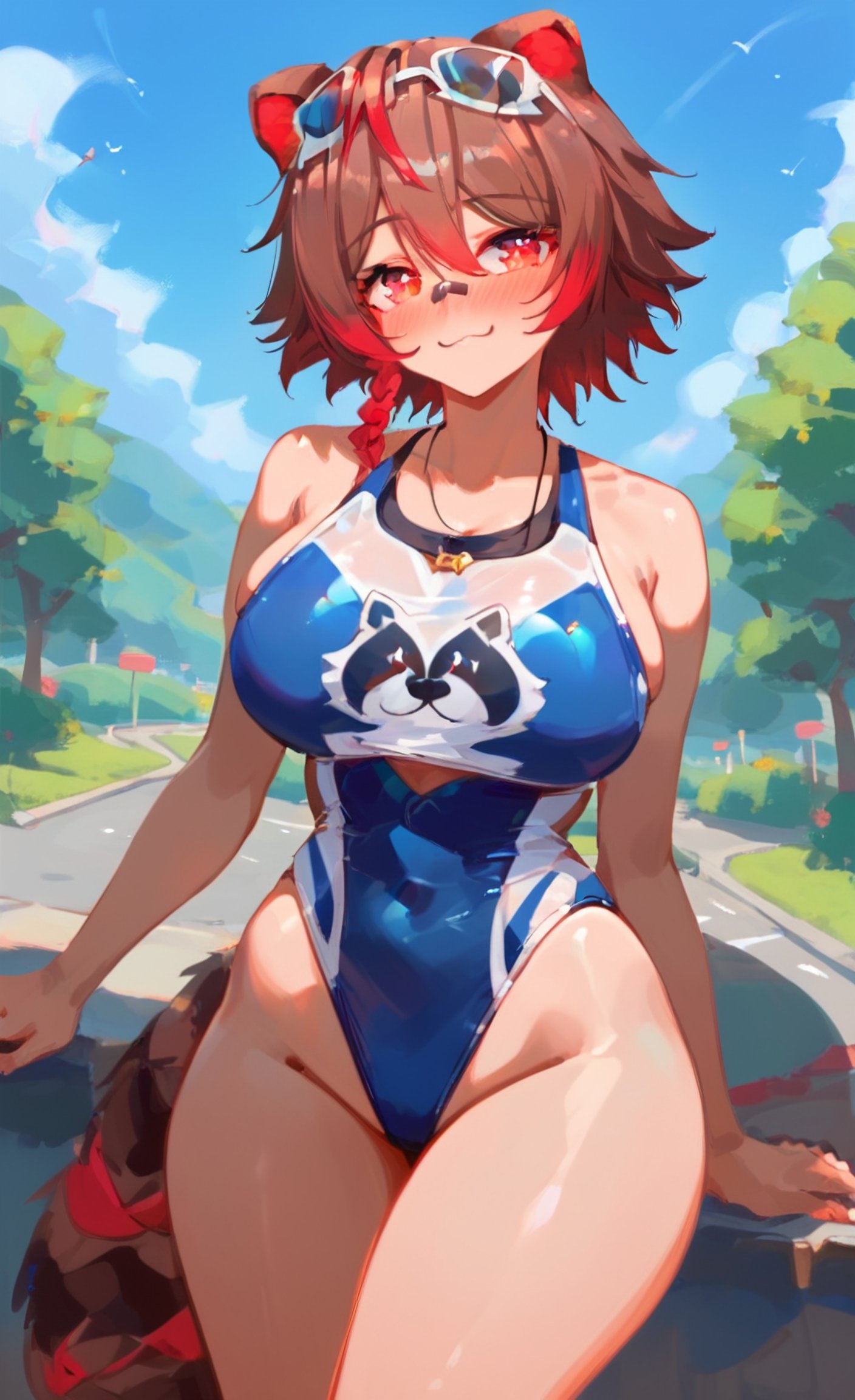 ai_generated brown_hair huge_breasts latam_virtual_youtuber multicolored_hair raccoon_girl rakkun ricochetk short_hair swimsuit virtual_youtuber vtuber wide_hips