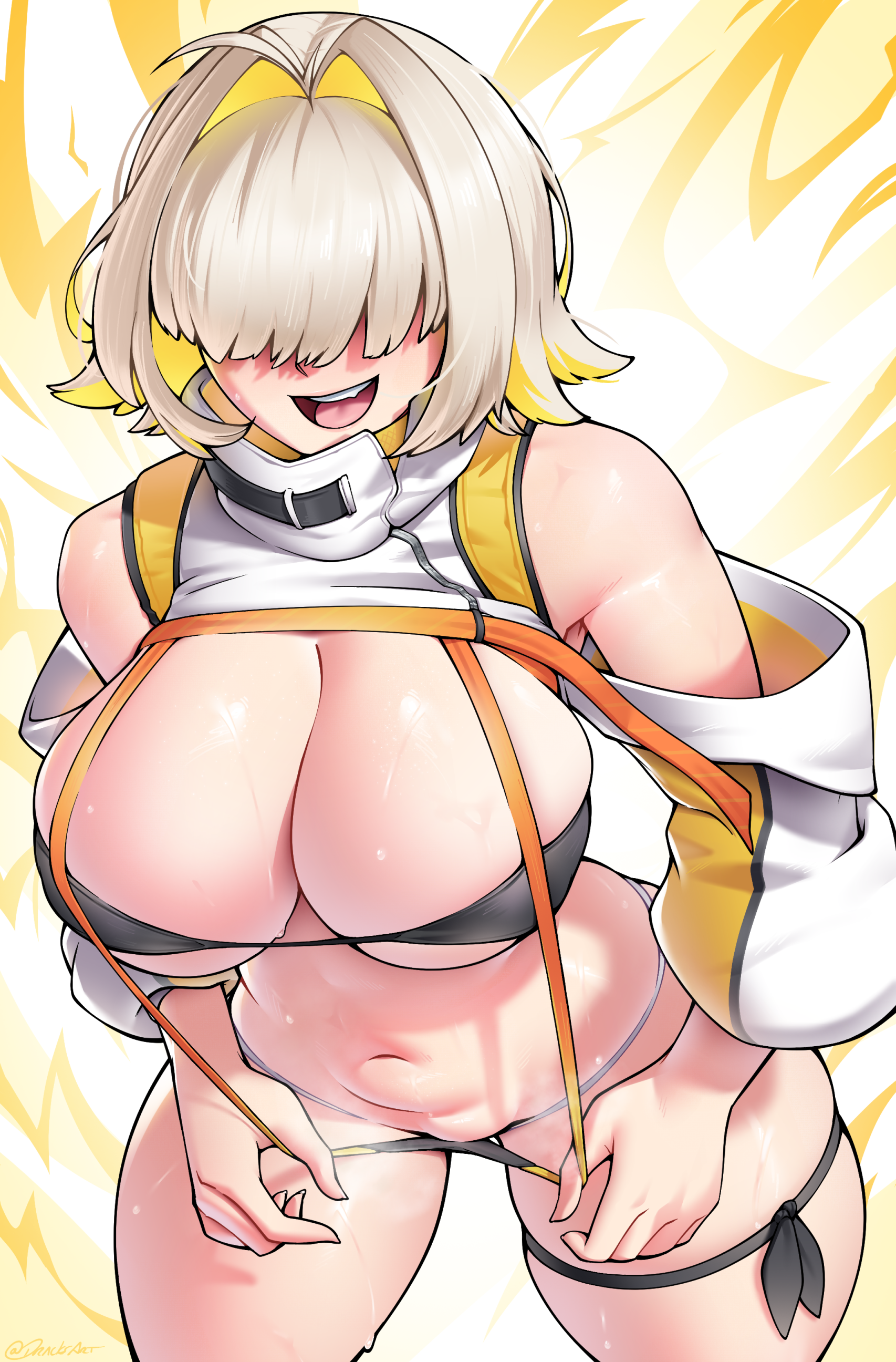 1girls, ahoge, bikini, blonde hair, breasts, cleavage, elegg (nikke), female, female only, goddess of victory: nikke, hair over eyes, large breasts, open mouth, short hair, suspenders, sweat, thick thighs, thigh gap, upper teeth