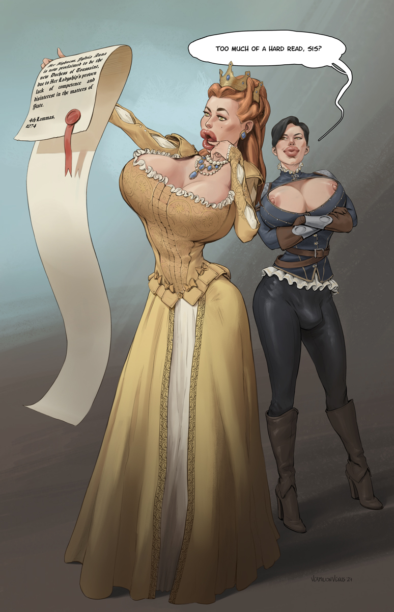1futa, 1girls, anna henrietta, areolae, big breasts, bimbo, breasts, bursting breasts, busty, cleavage, cleavage cutout, clothed, clothing, dialogue, duo, earrings, english text, female, full body, futanari, green eyes, hazel eyes, high heel boots, high heels, hourglass figure, huge breasts, human, illiterate, intersex, large breasts, light skin, light-skinned female, light-skinned futa, long hair, makeup, nipples, overflowing breasts, red hair, short hair, speech bubble, standing, stupid, syanna, text, the witcher (series), the witcher 3: wild hunt, vermilion venus, wide hips