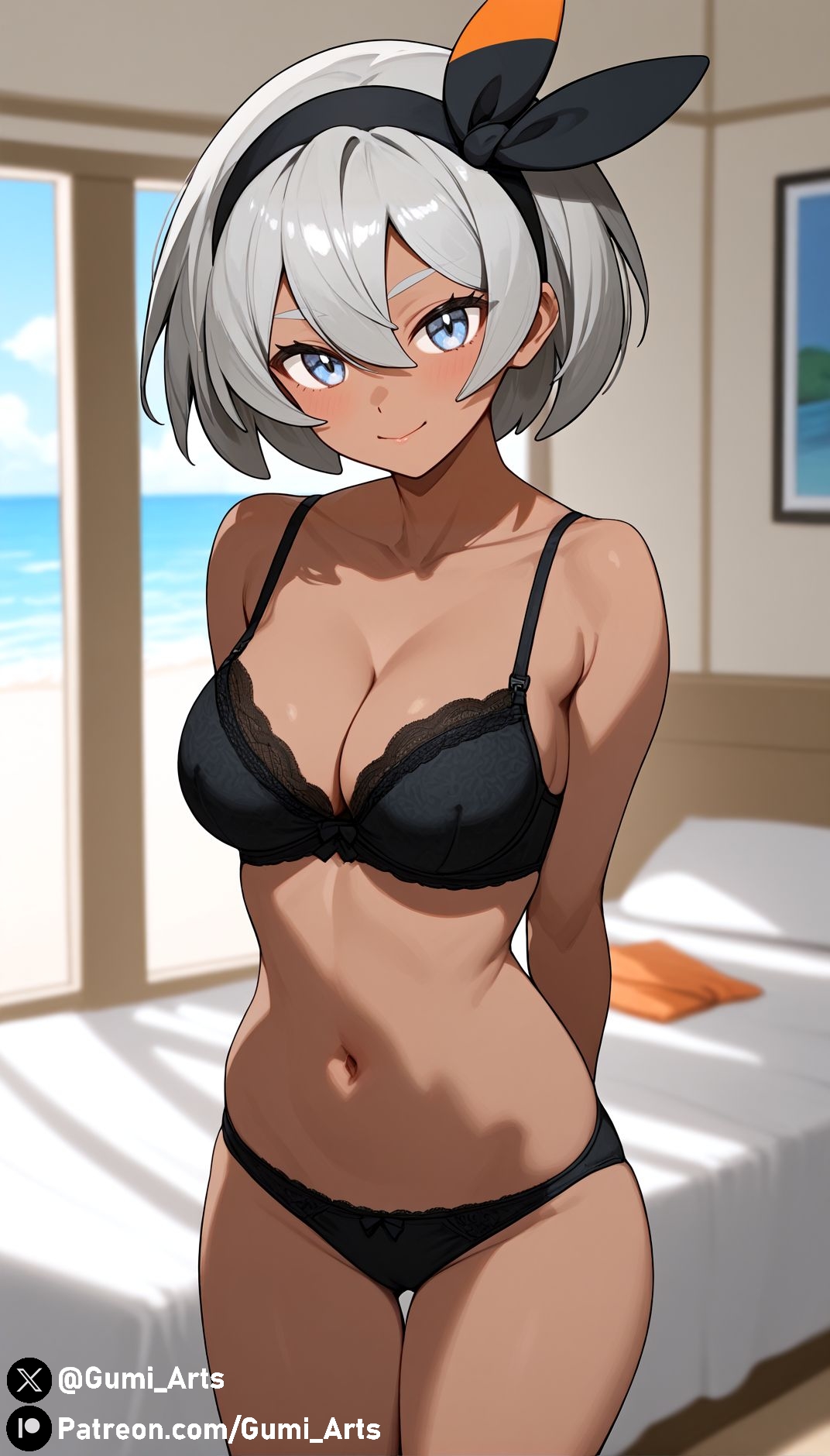 ai generated, bea (pokemon), blue eyes, bra, breasts, cleavage, dark skin, dark-skinned female, female, grey hair, gumi arts, hairband, indoors, lace trim, lingerie, looking at viewer, medium breasts, nintendo, panties, pokemon, pokemon ss, smile, stable diffusion