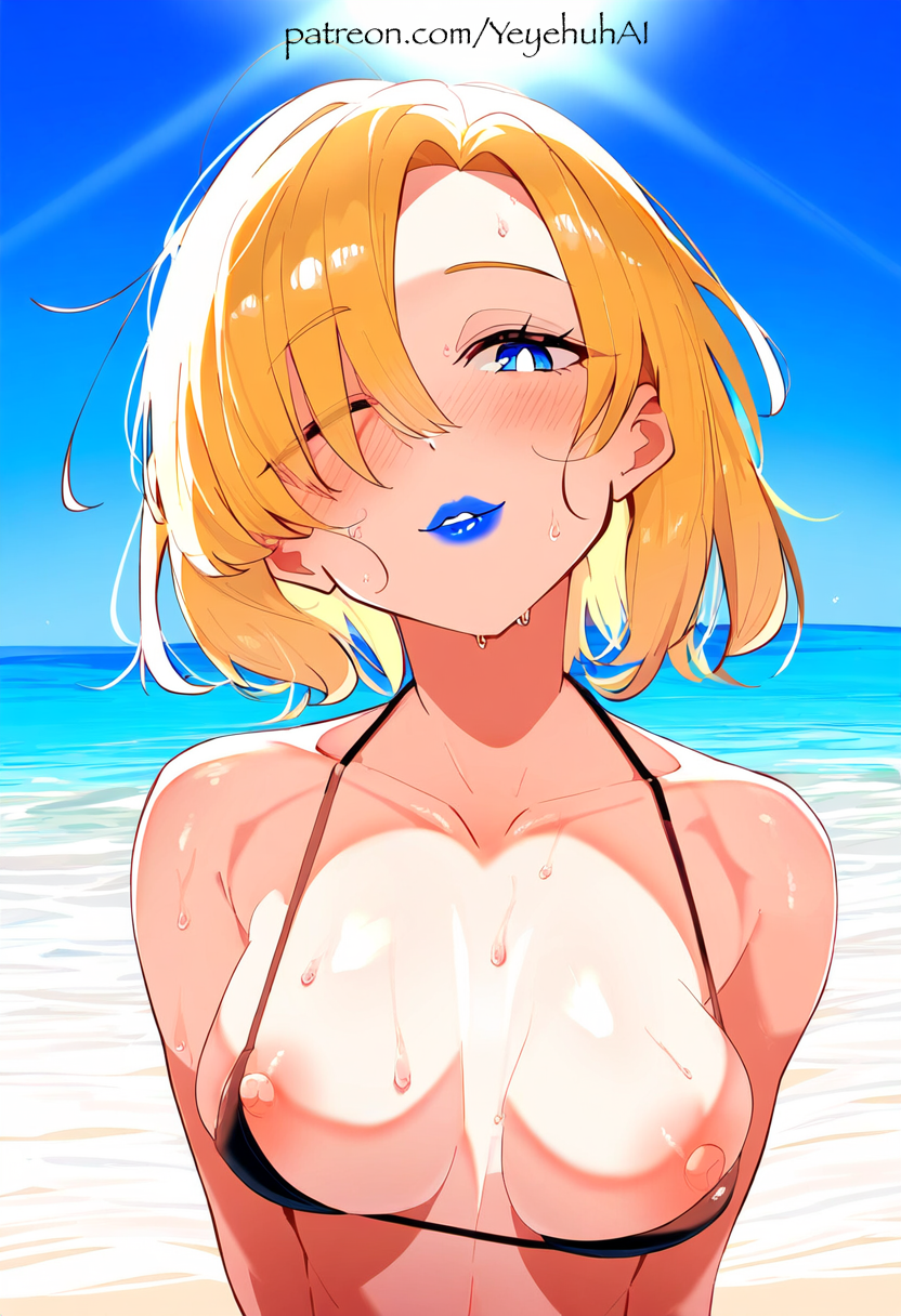 1girls ai_generated bare_arms bare_breasts bare_shoulders bare_thighs beach bikini bikini_top blonde_hair blue_lipstick blush breasts cleavage eyes_half_closed from_below glowing_eyes large_breasts lipstick looking_at_viewer necklace nipples ocean one_eye_obstructed open_mouth original original_character piercing revealing_clothes sand seductive seductive_look seductive_smile shiny_skin short_hair small_clothes smile standing summer sweat sweatdrop sweating yeyehuh